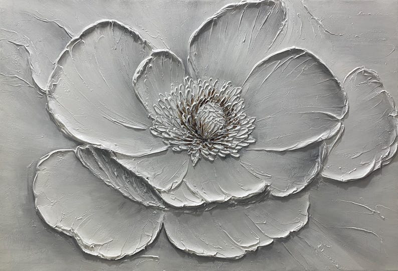 Modern white floral abstract painting on canvas