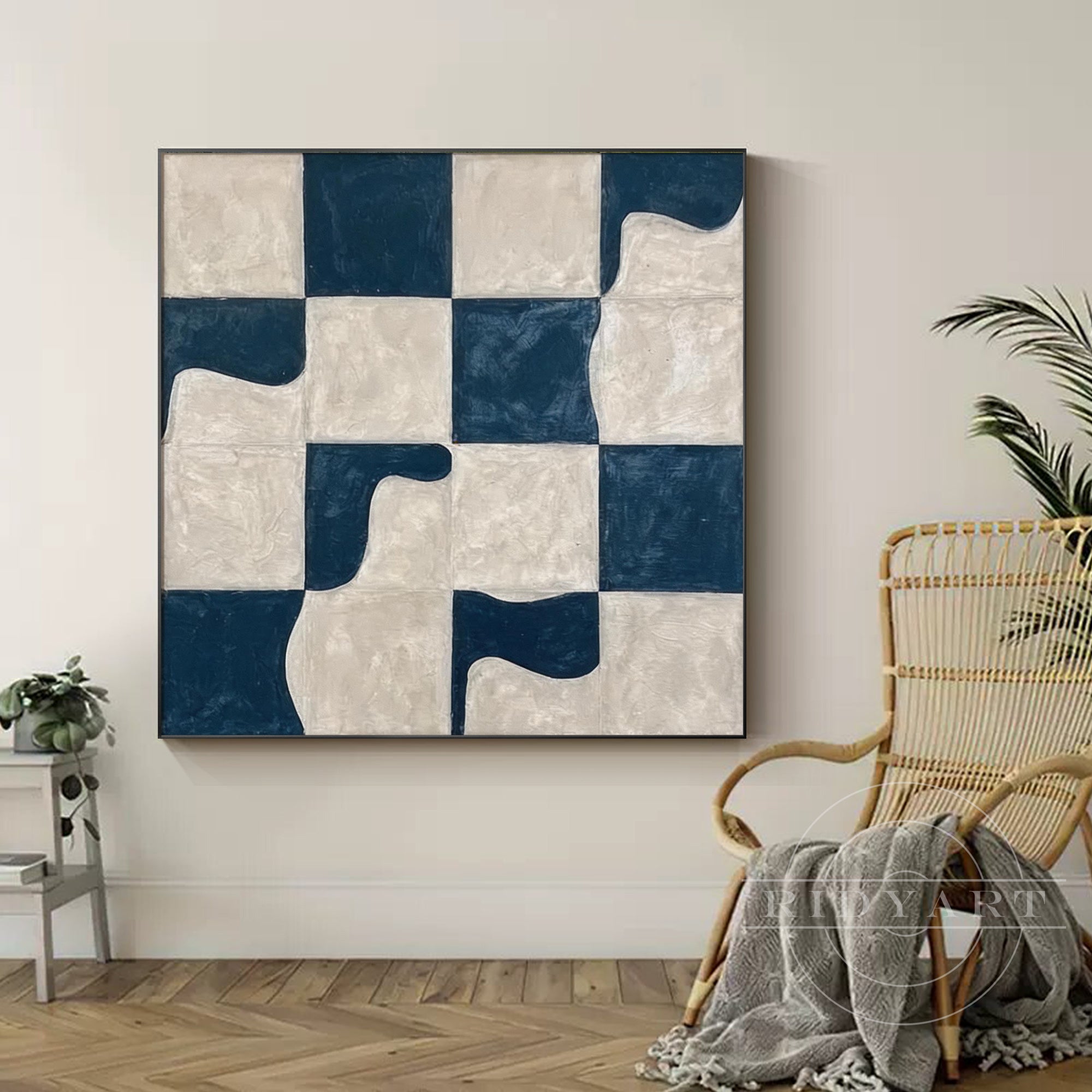 hand painted navy blue geometric wall art