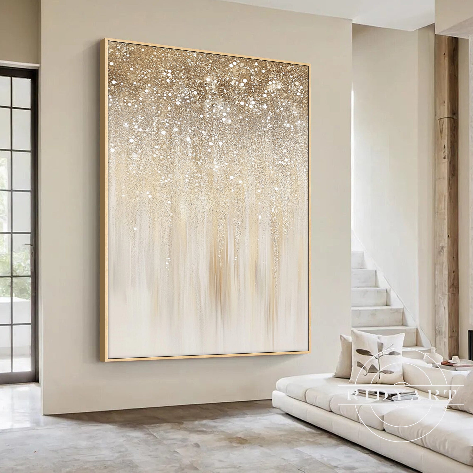 Modern champagne gold abstract painting with soft beige tones in elegant dining room