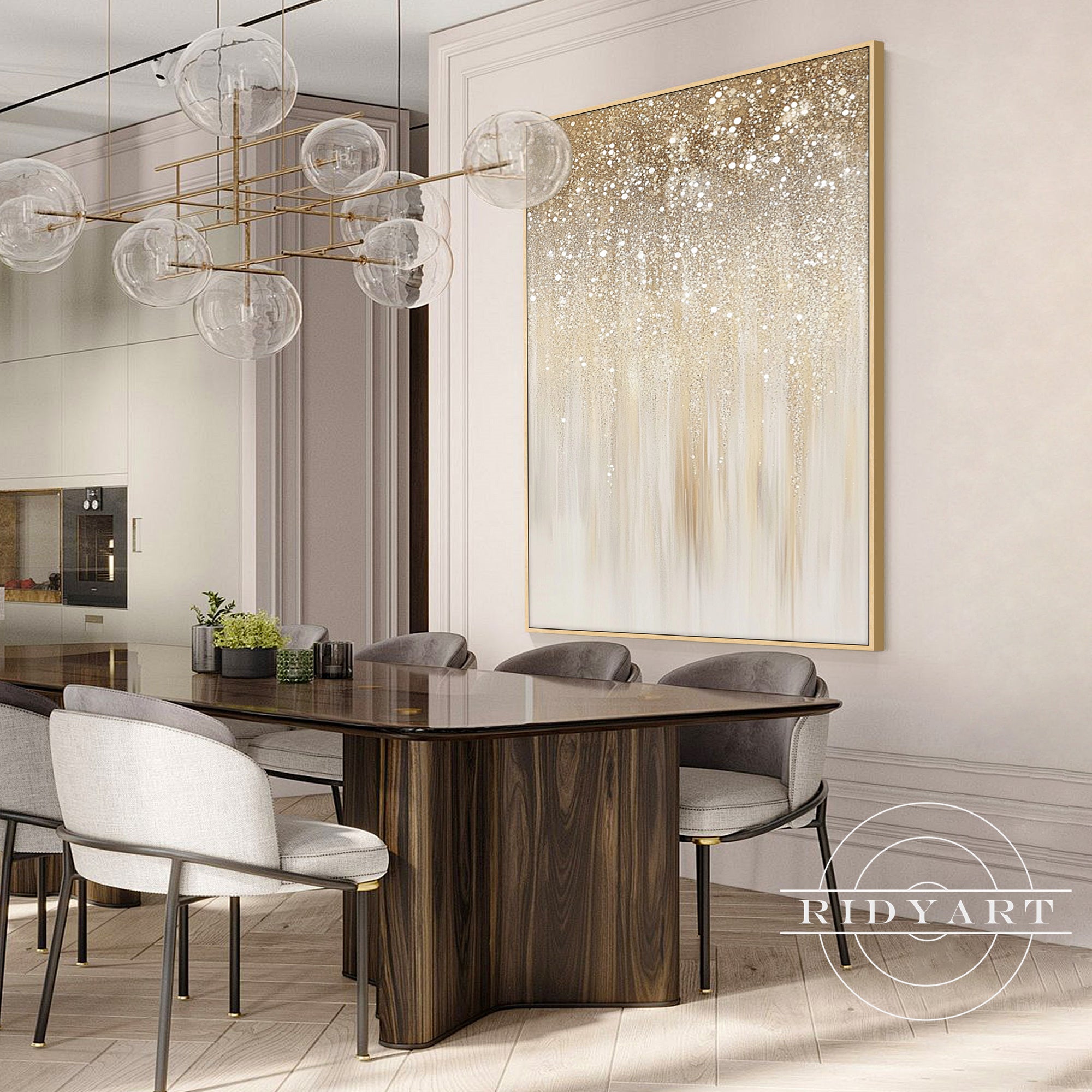 Textured neutral canvas artwork with flowing gold details for Scandinavian style home