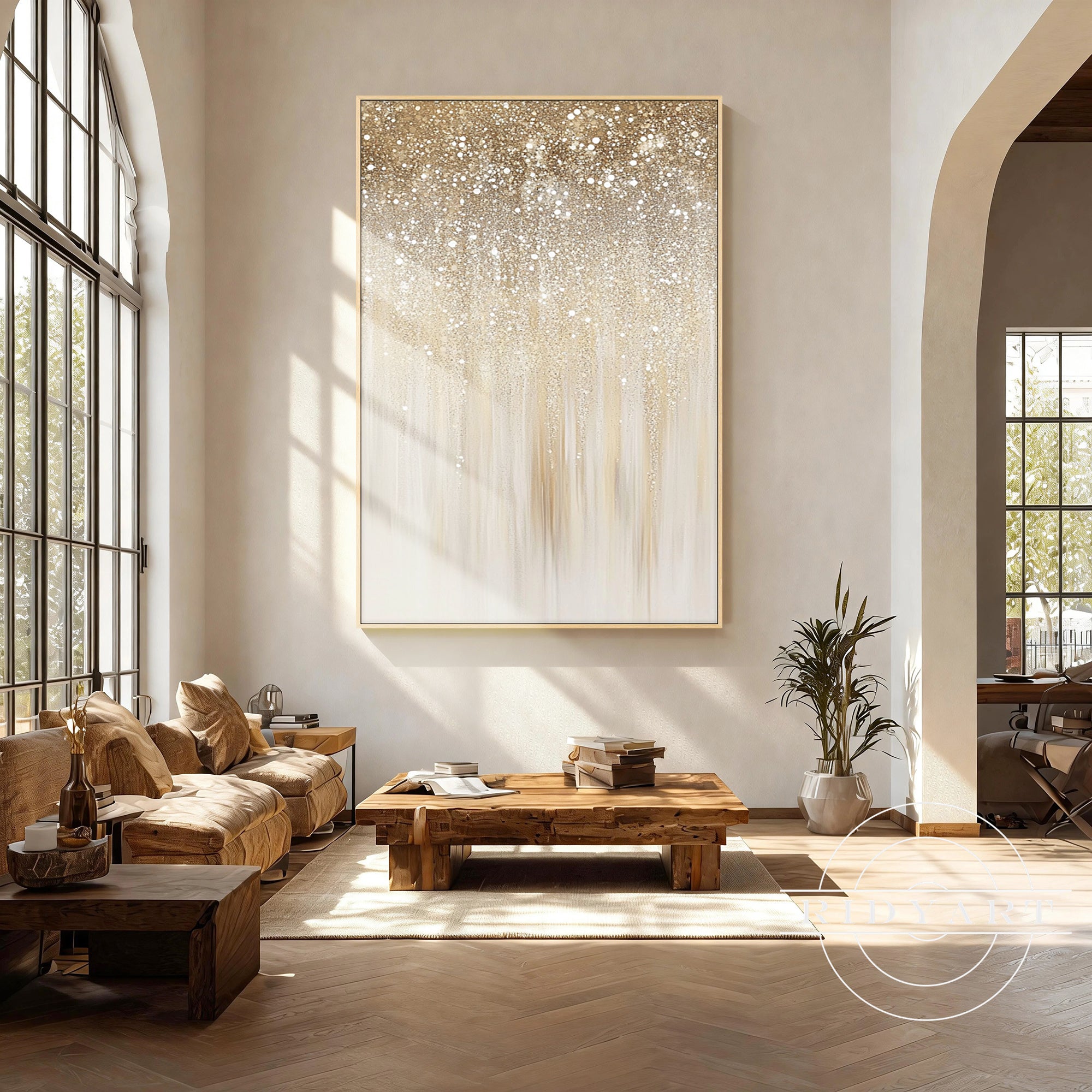 Large neutral textured wall art with champagne shimmer for minimalist bedroom decor