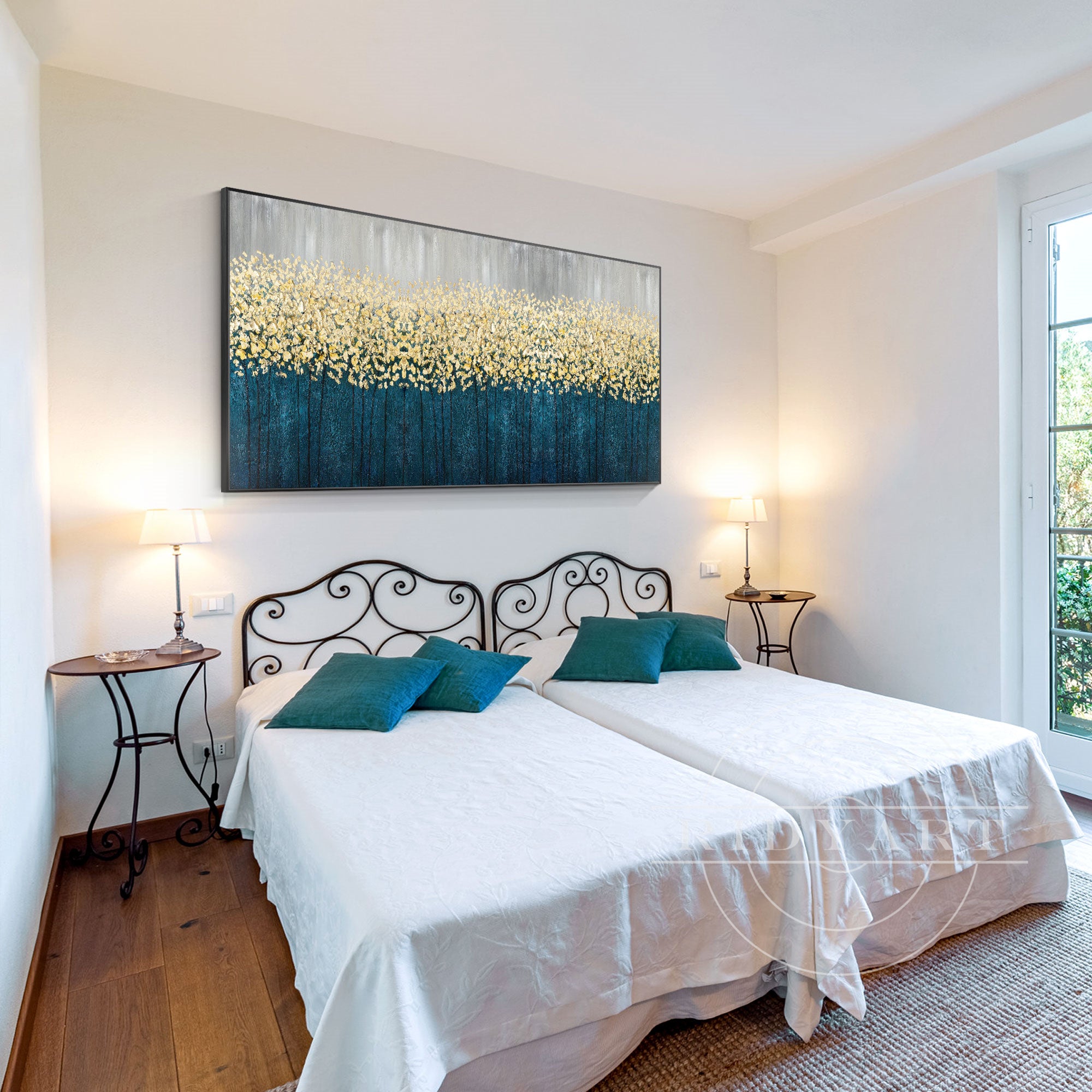 Horizontal gold flowers abstract painting with 3D texture on teal blue canvas, large wall art for modern or floral-inspired interior decor.