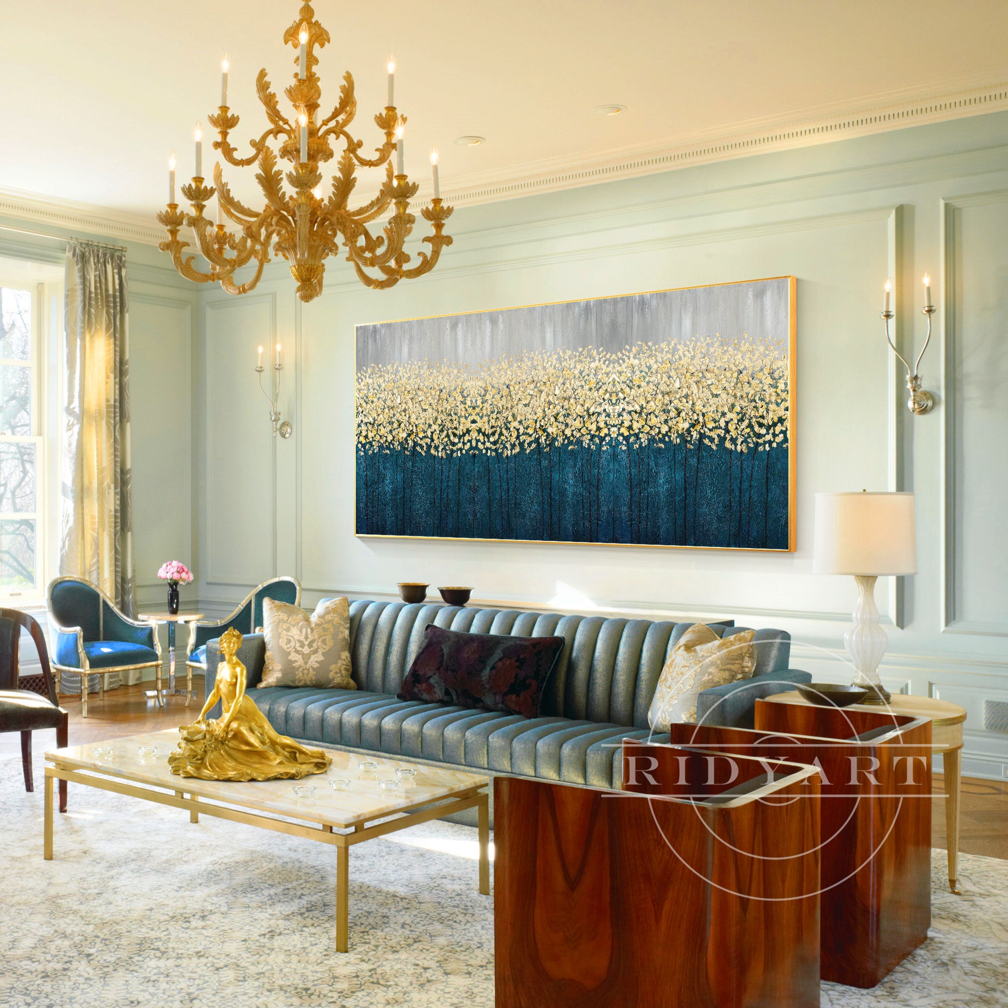 Horizontal gold flowers abstract painting with 3D texture on teal blue canvas, large wall art for modern or floral-inspired interior decor.