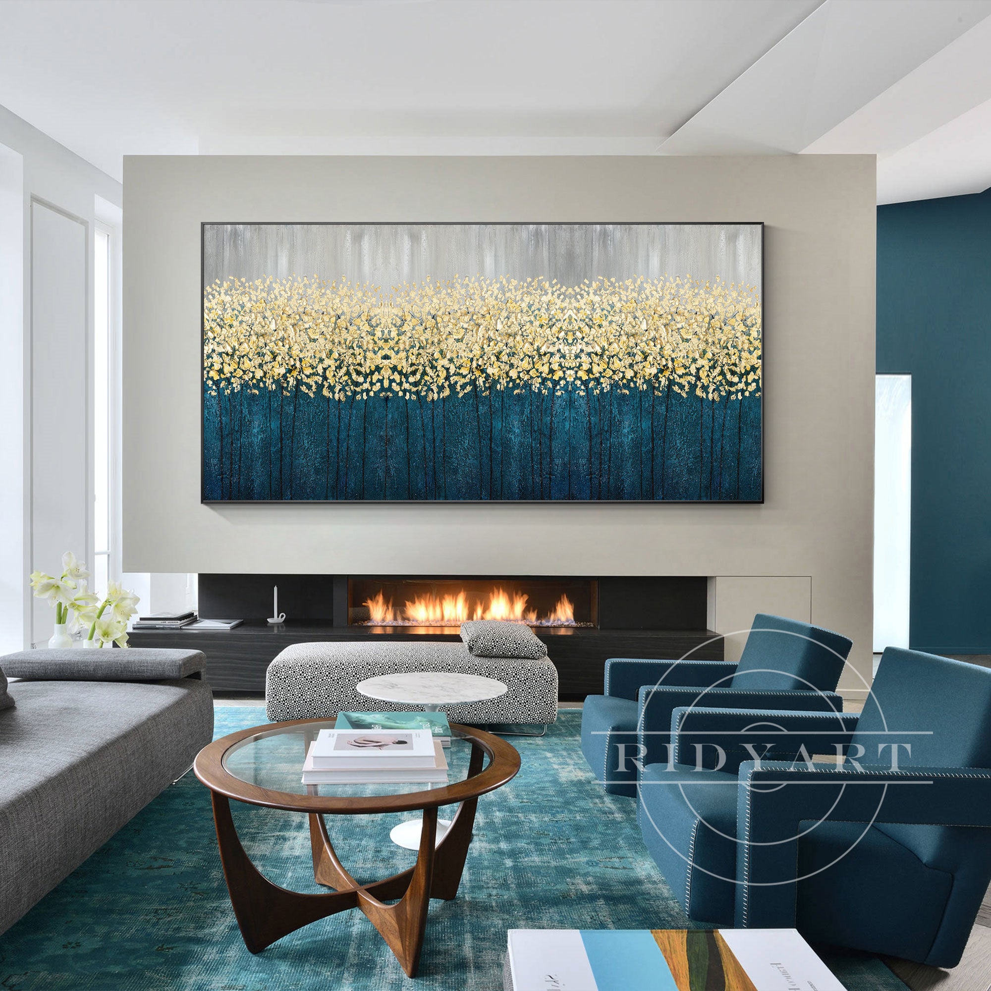 Horizontal gold flowers abstract painting with 3D texture on teal blue canvas, large wall art for modern or floral-inspired interior decor.
