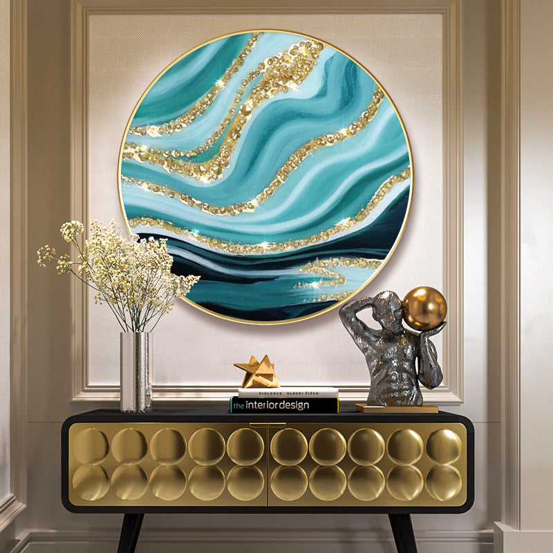 Gold teal Round Resin Geode Wall art -X00027-1