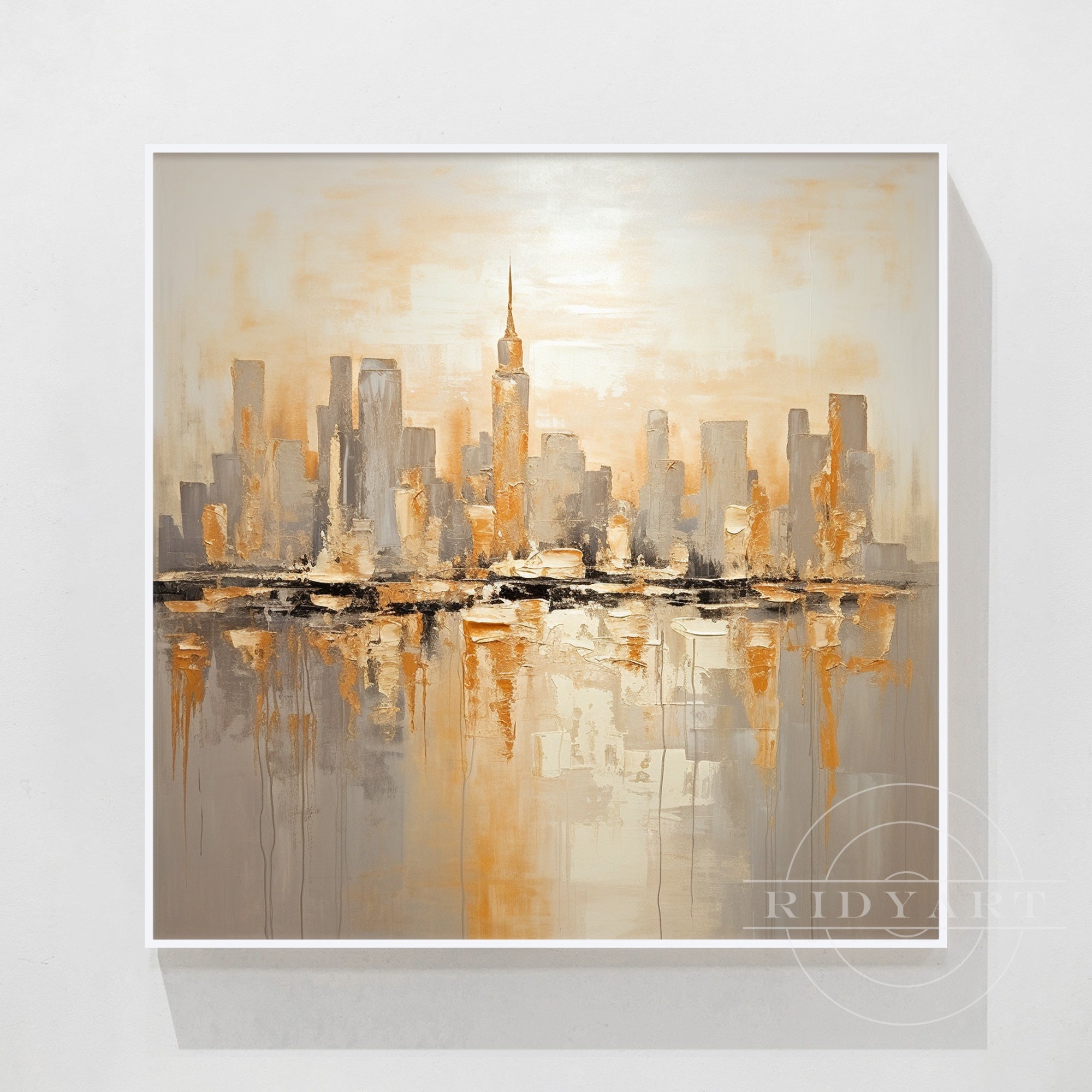 Golden New York skyline abstract cityscape painting.