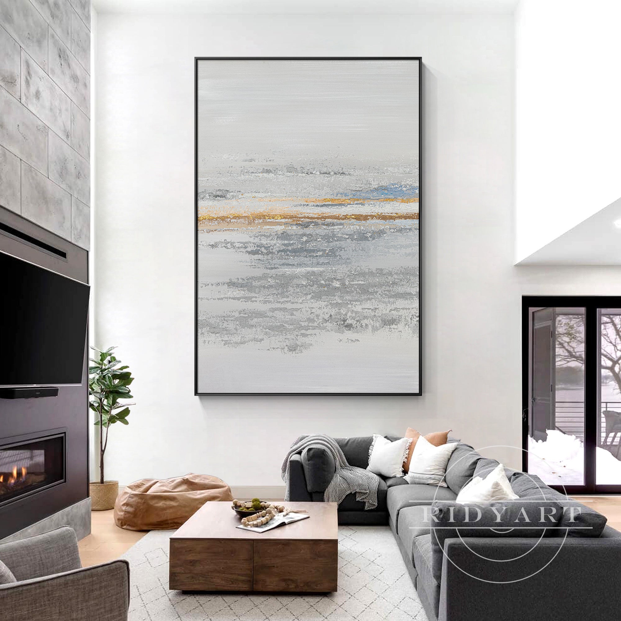 Hand-painted gray and gold canvas artwork for living rooms