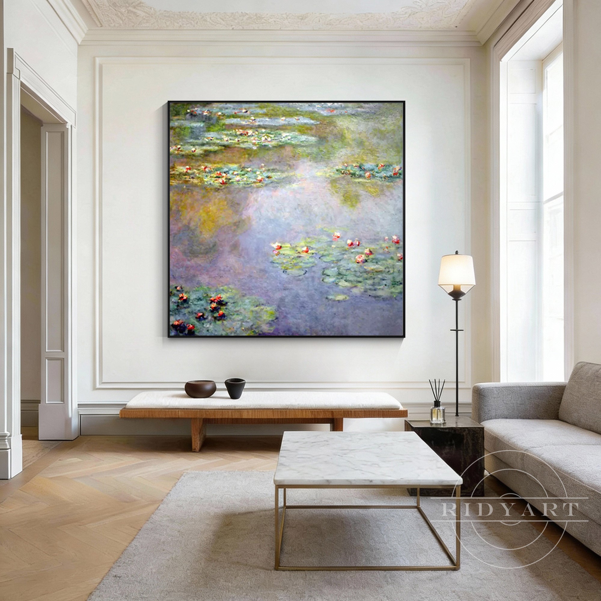 Textured water lilies painting inspired by Monet style