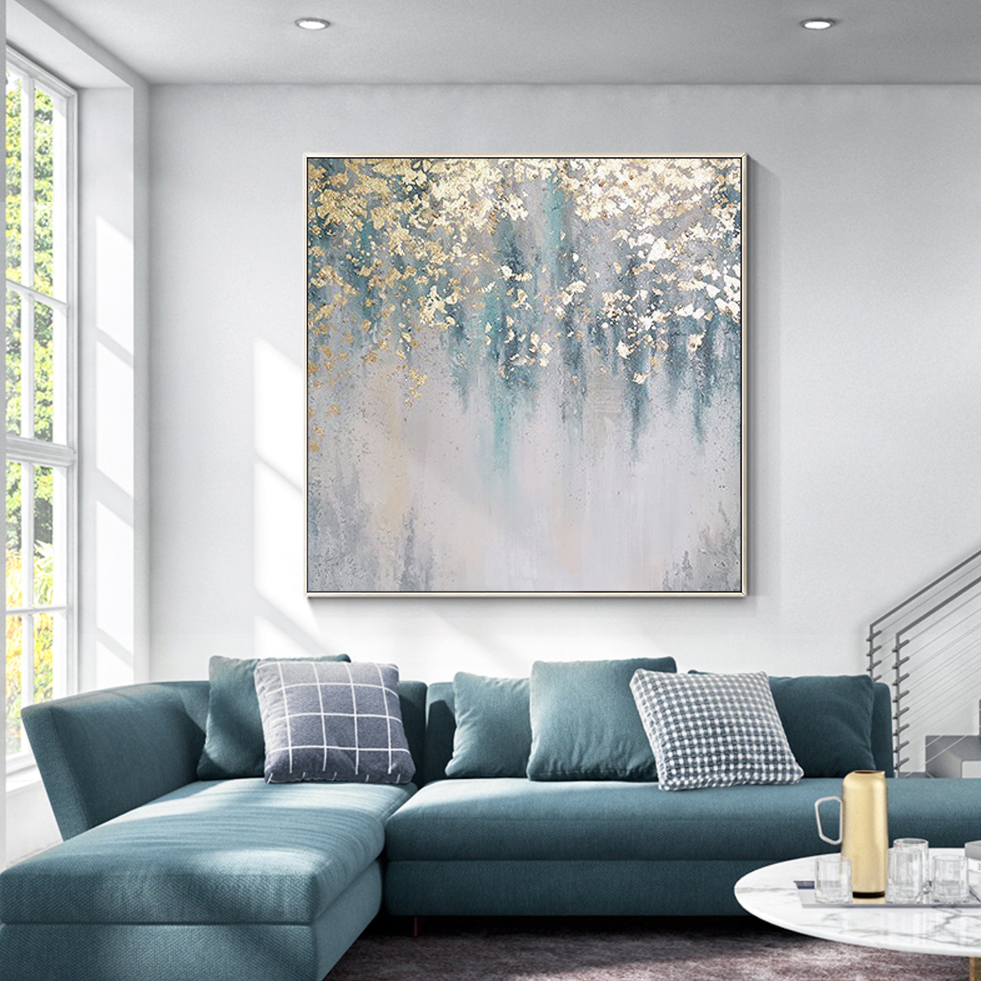 Sophisticated Abstract Wall Art with a Dynamic Blue and Gold Color Palette