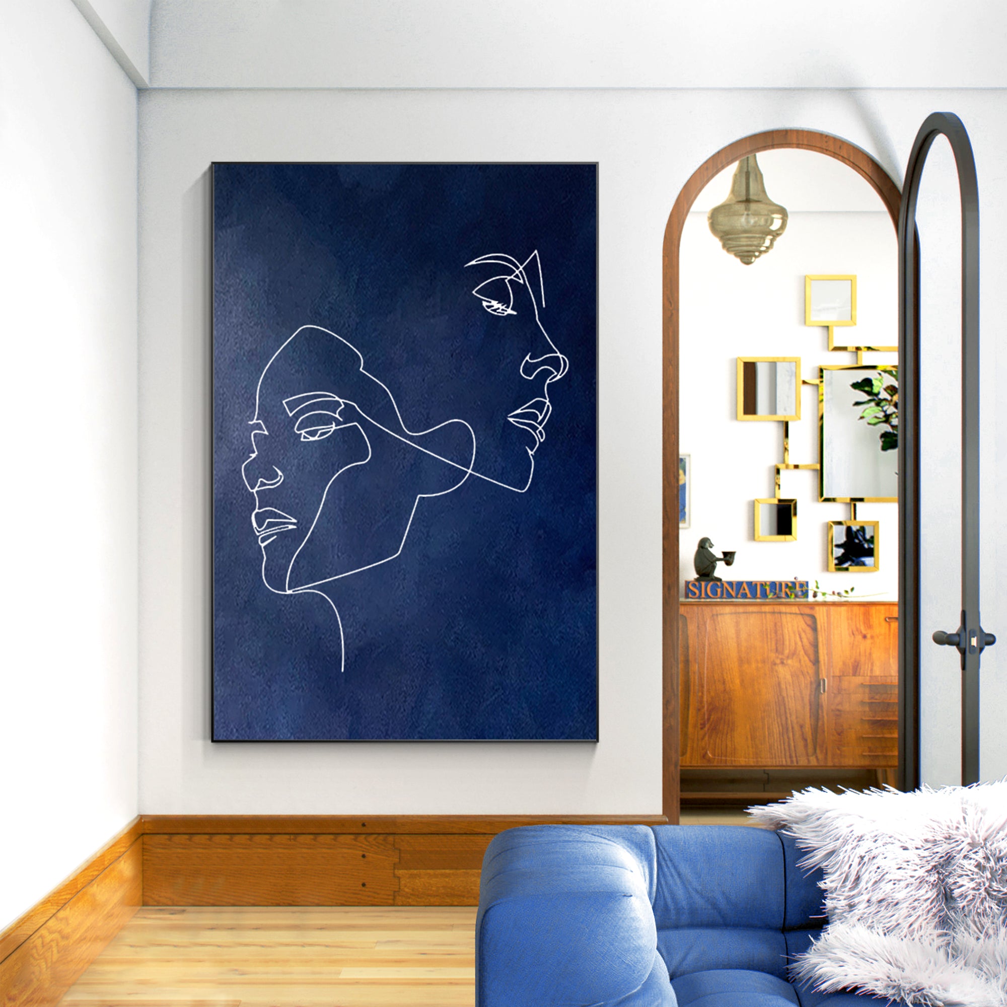 Strichzeichnung Kunst Minimalistisches Marineblaues Gemälde