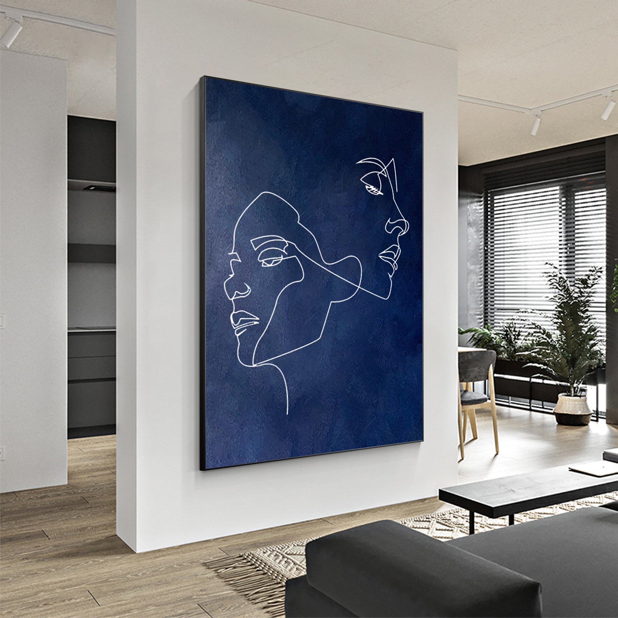 Strichzeichnung Kunst Minimalistisches Marineblaues Gemälde