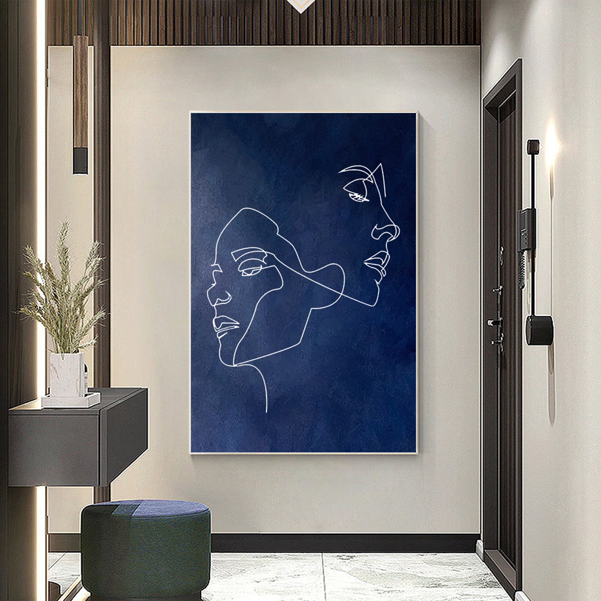 Strichzeichnung Kunst Minimalistisches Marineblaues Gemälde