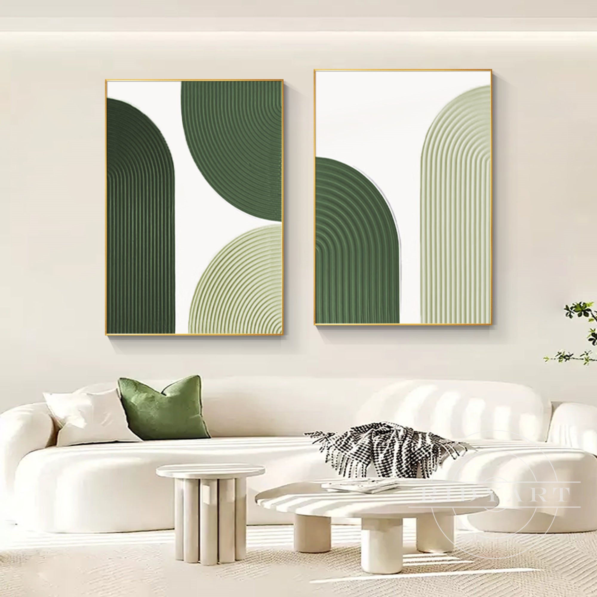sage green geometric abstract art set for living room