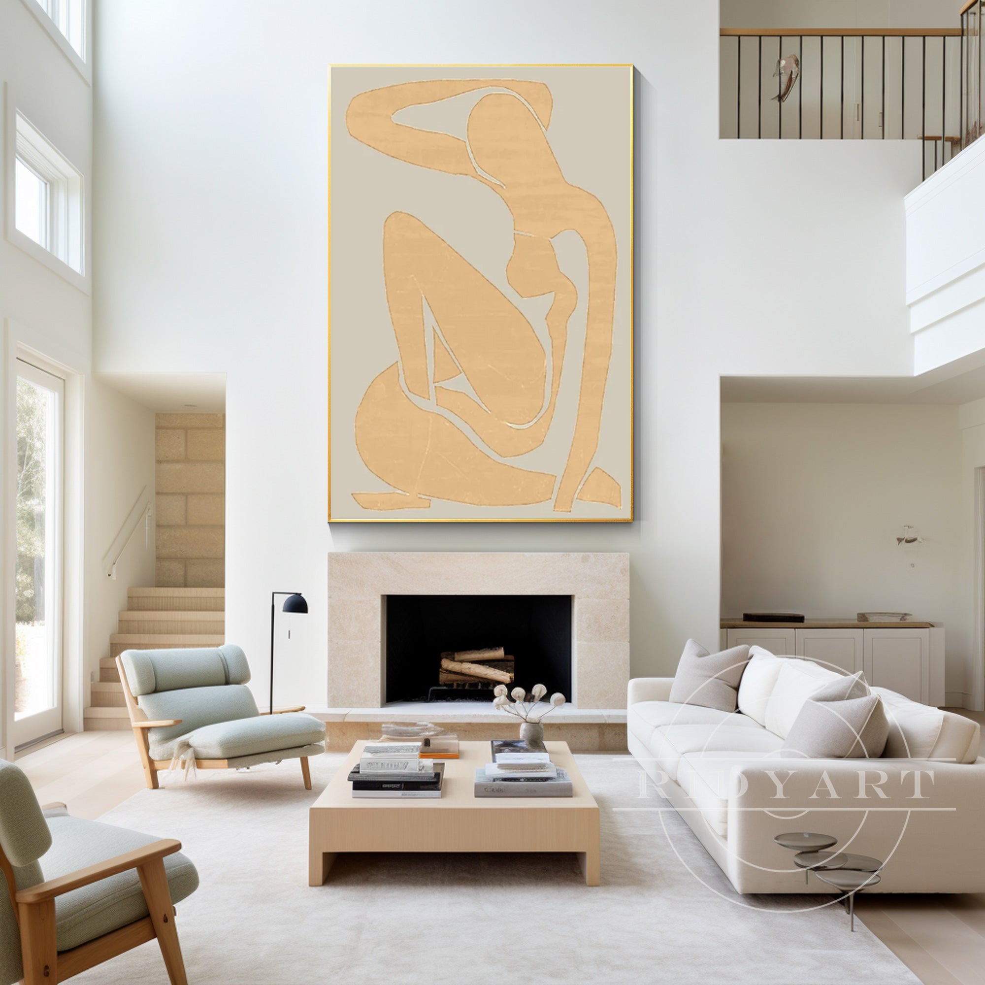 Minimalist wall art of a woman’s body silhouette in beige and gold tones with simple line shapes, inspired by Matisse, on a white background.