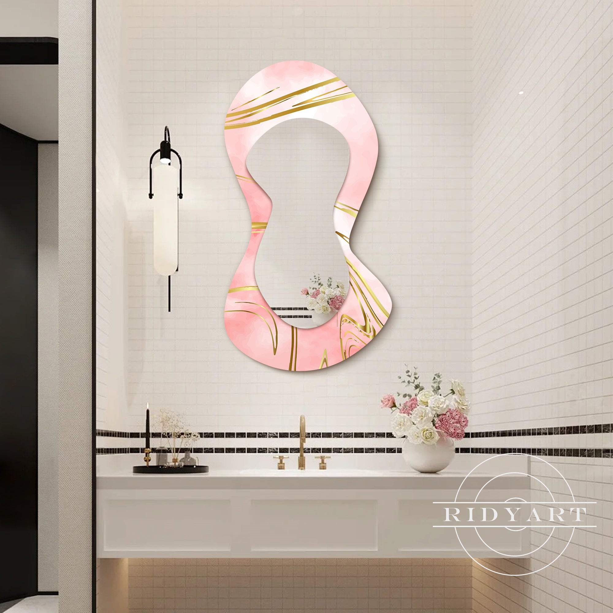.Luxury pink and gold shaped mirror for washstands and decor