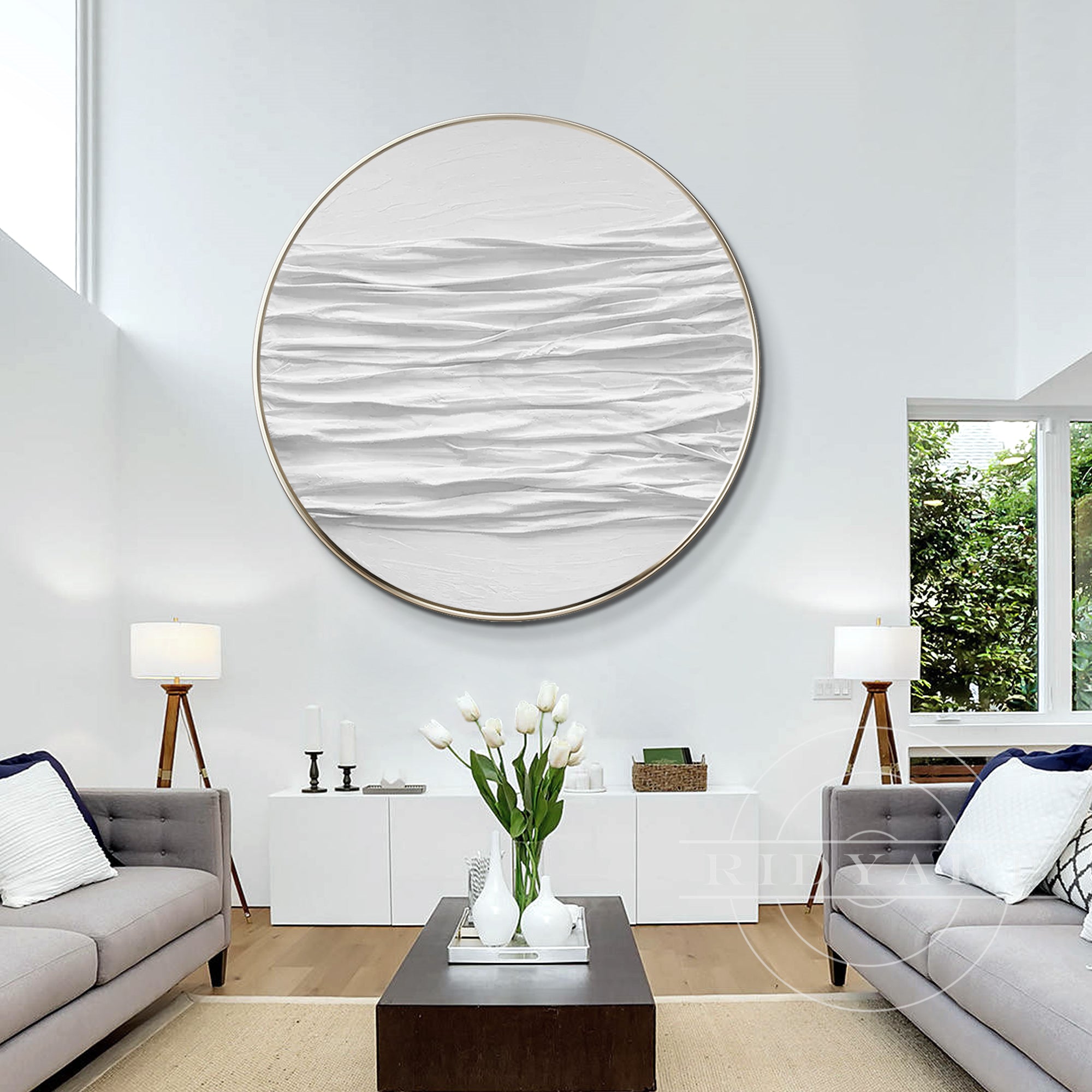 Round 3D thick white textured wall art framed, inspired by abstract ocean waves, minimalist design for modern Nordic home decor.