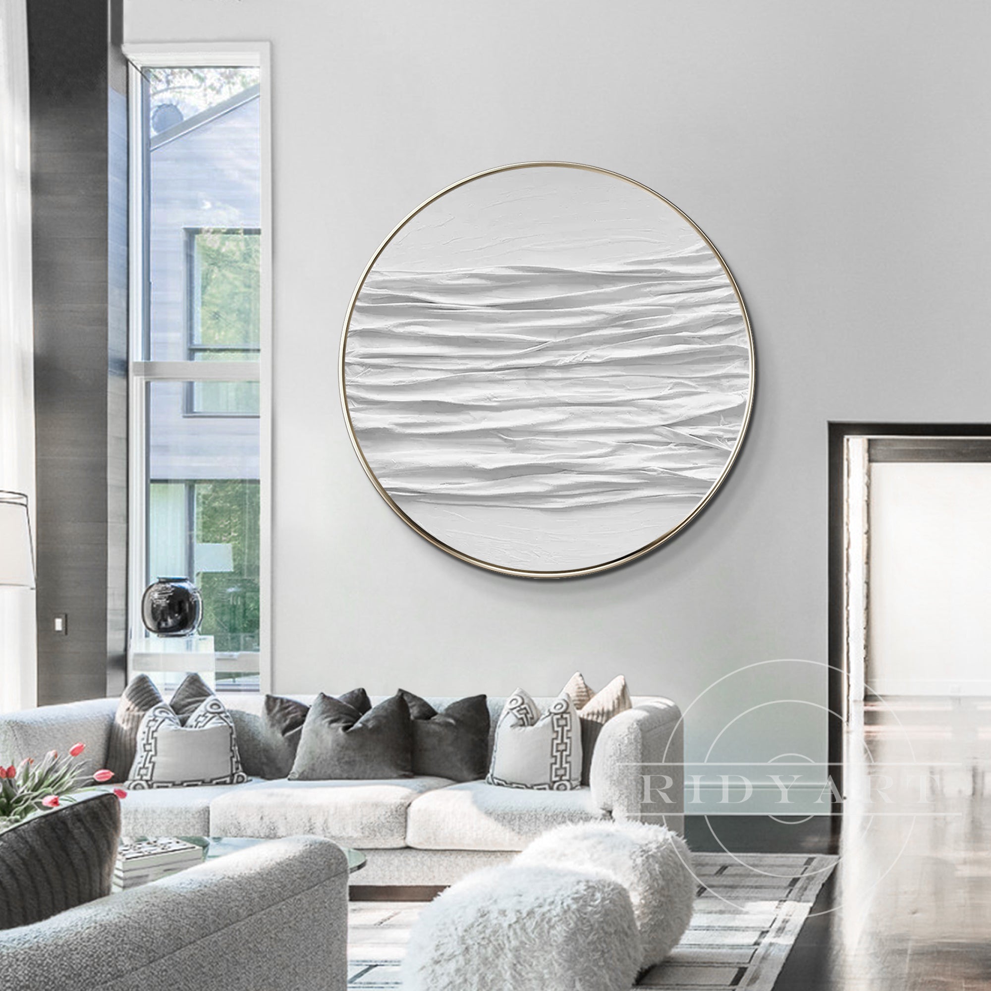 Round 3D thick white textured wall art framed, inspired by abstract ocean waves, minimalist design for modern Nordic home decor.