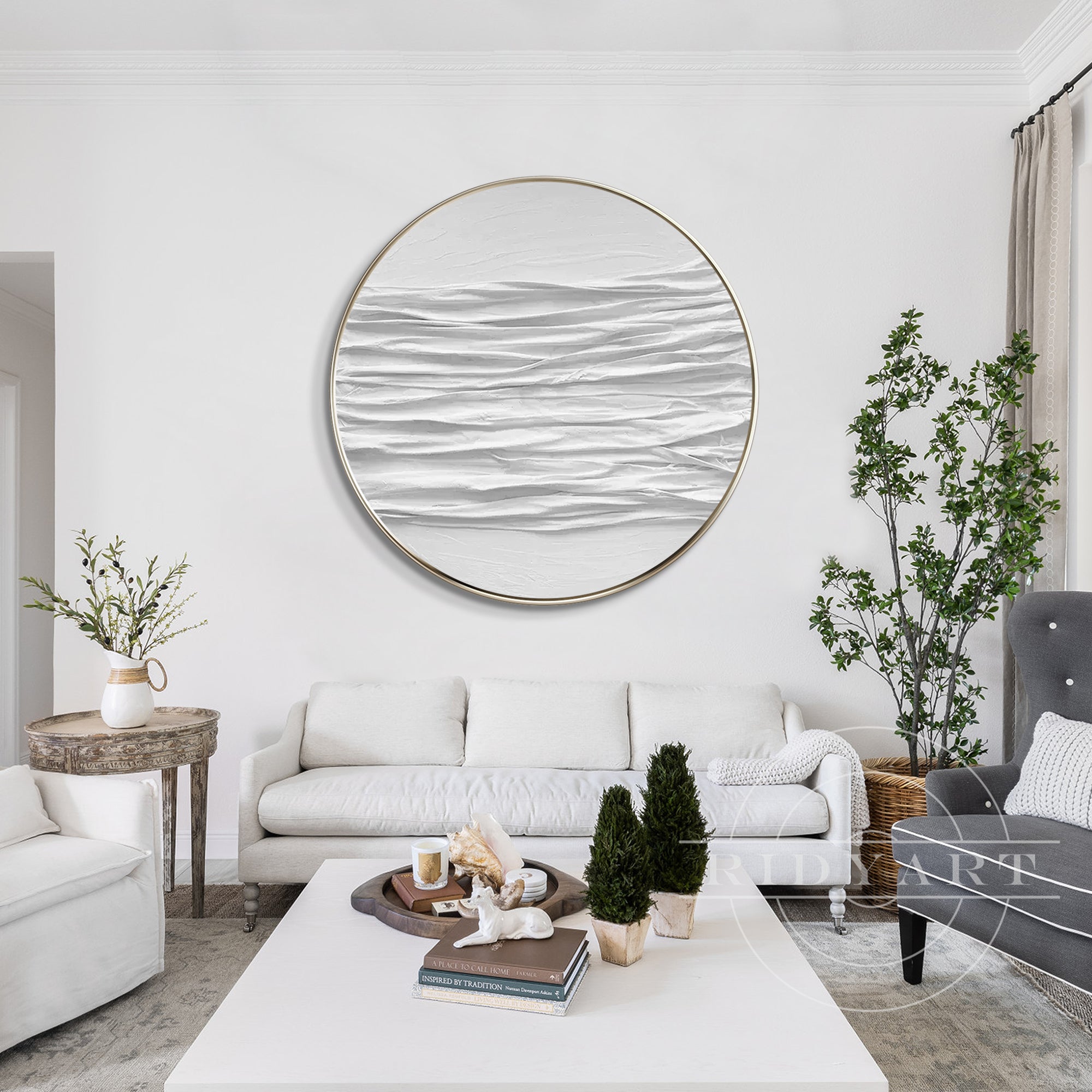 Round 3D thick white textured wall art framed, inspired by abstract ocean waves, minimalist design for modern Nordic home decor.