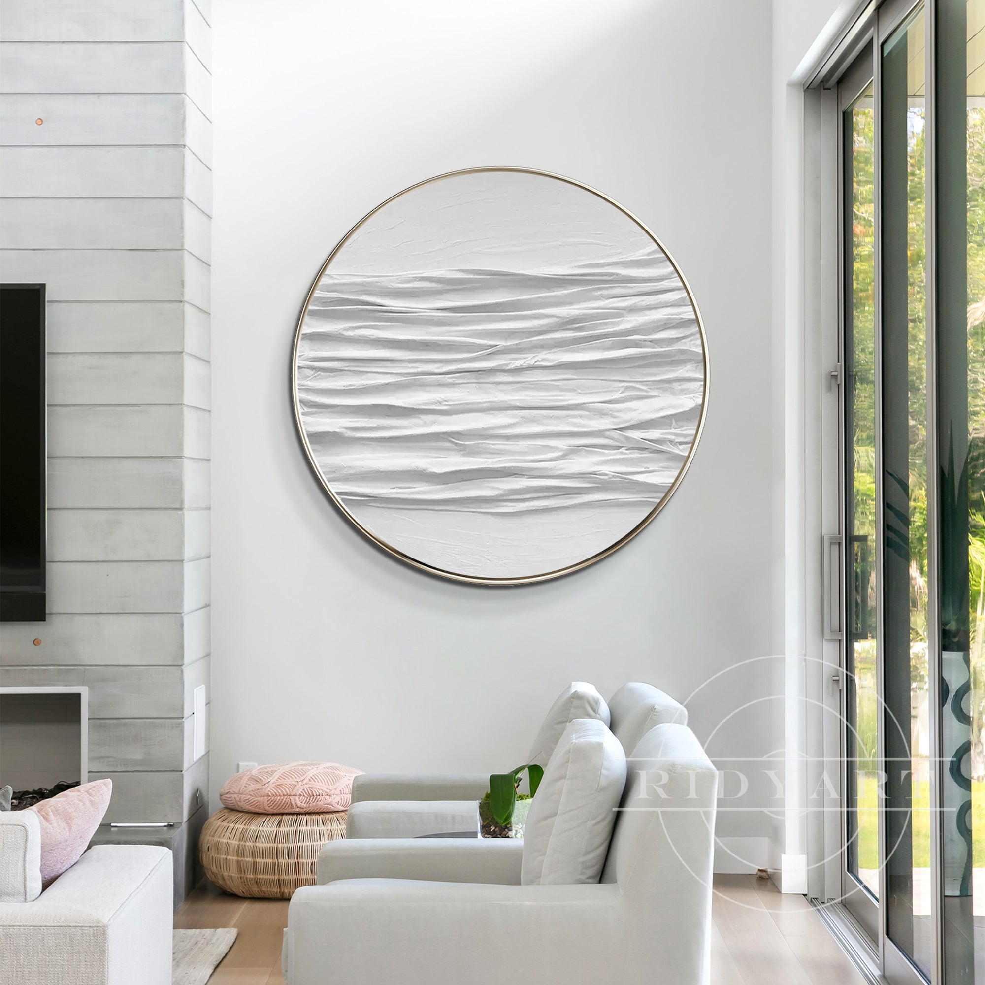 Round 3D thick white textured wall art framed, inspired by abstract ocean waves, minimalist design for modern Nordic home decor.