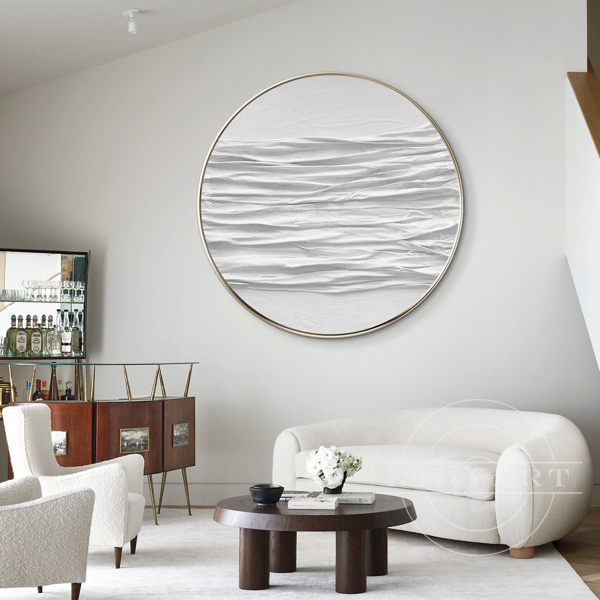 Round 3D thick white textured wall art framed, inspired by abstract ocean waves, minimalist design for modern Nordic home decor.