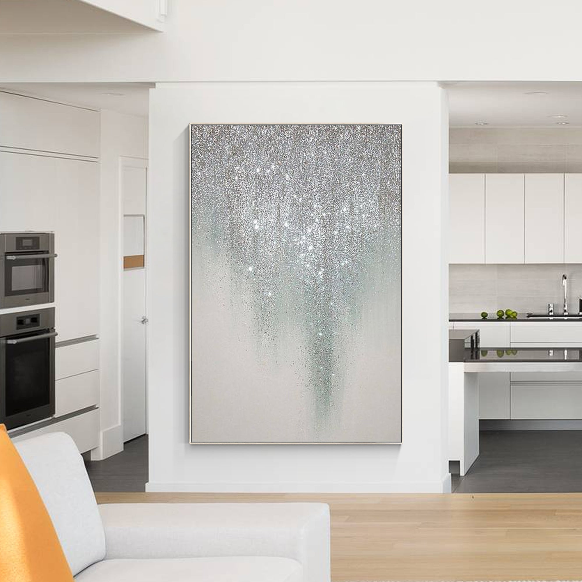 Modernes abstraktes gerahmtes Gemälde, Silber, Gillters Art