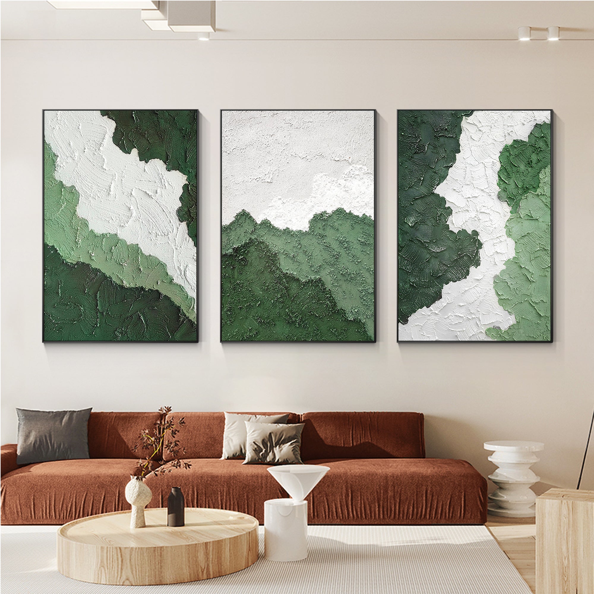 3-teiliges abstraktes Ölgemälde mit grüner Textur