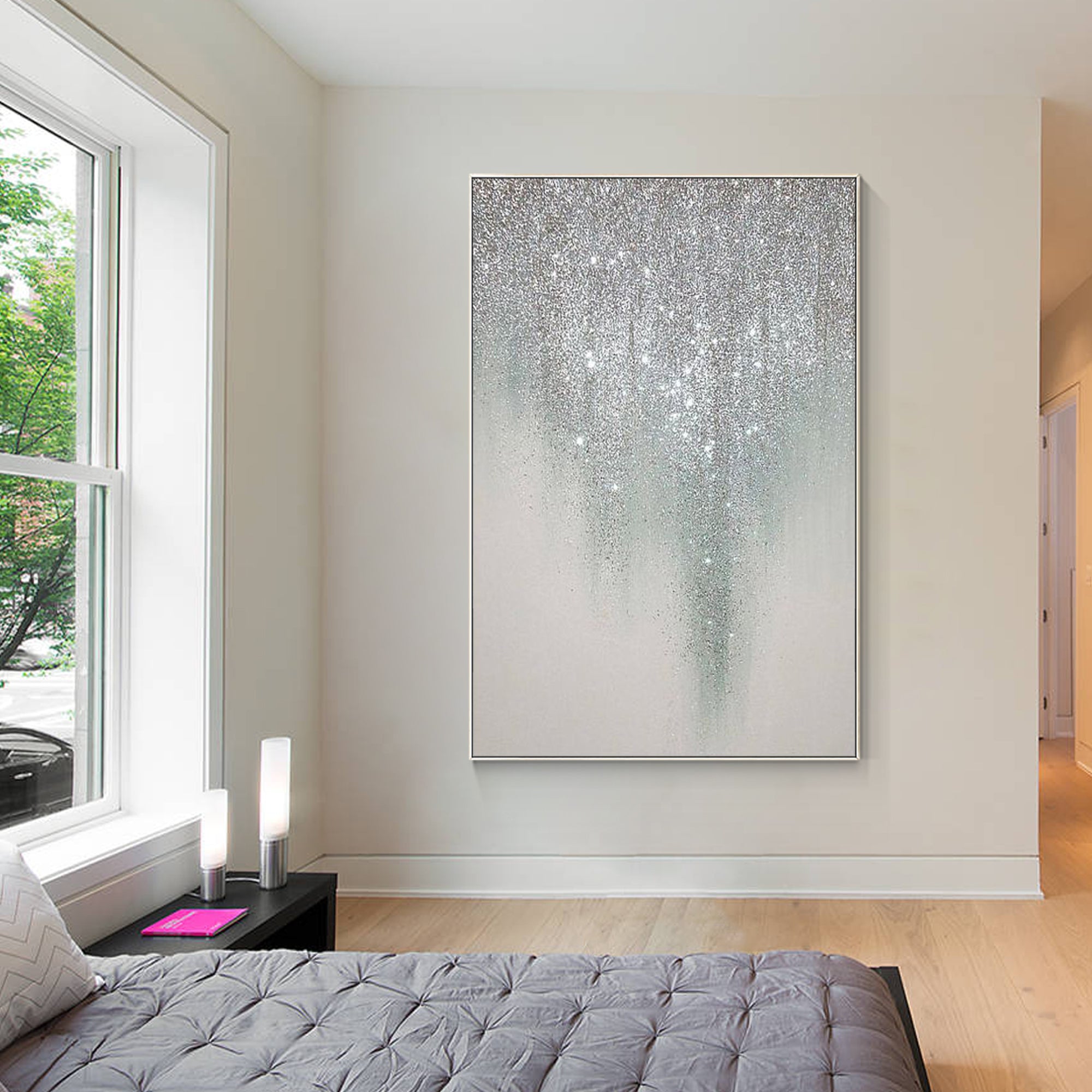 Modern Abstract Framed Painting Siliver gillters art