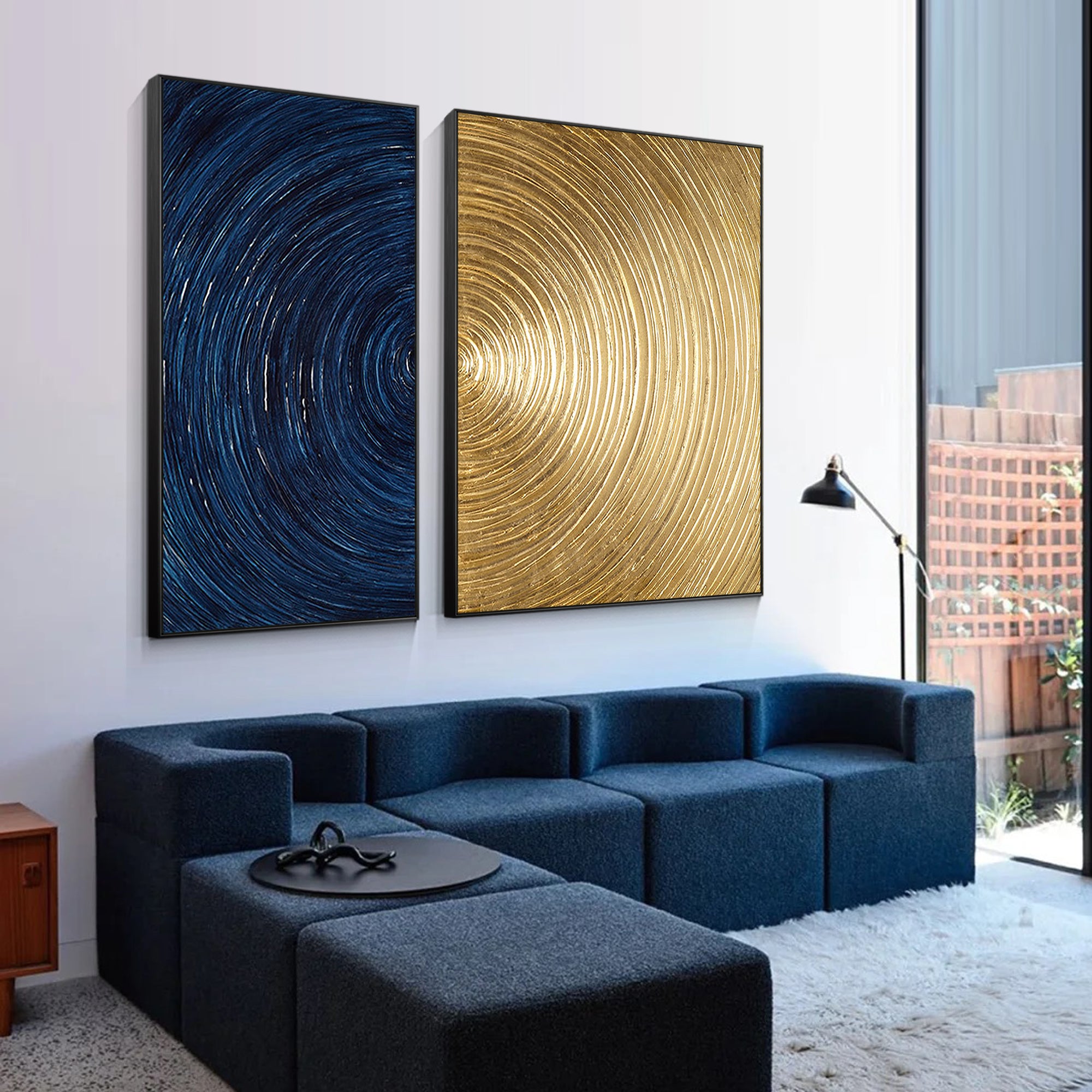 2 Pieces Navy and Gold Circle Abstract Oil Painting