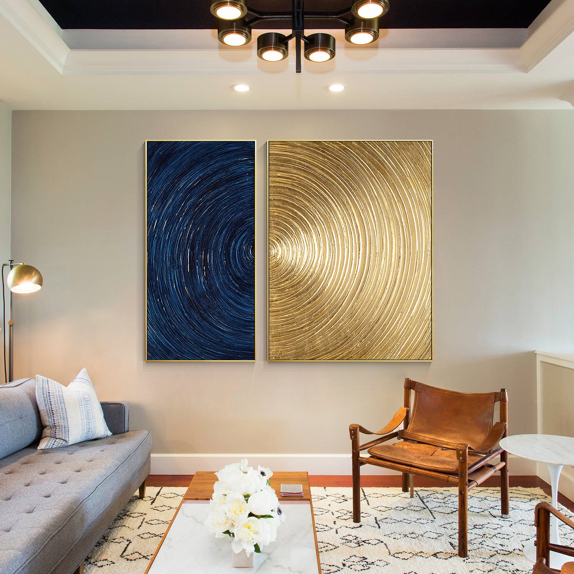 2 Pieces Navy and Gold Circle Abstract Oil Painting