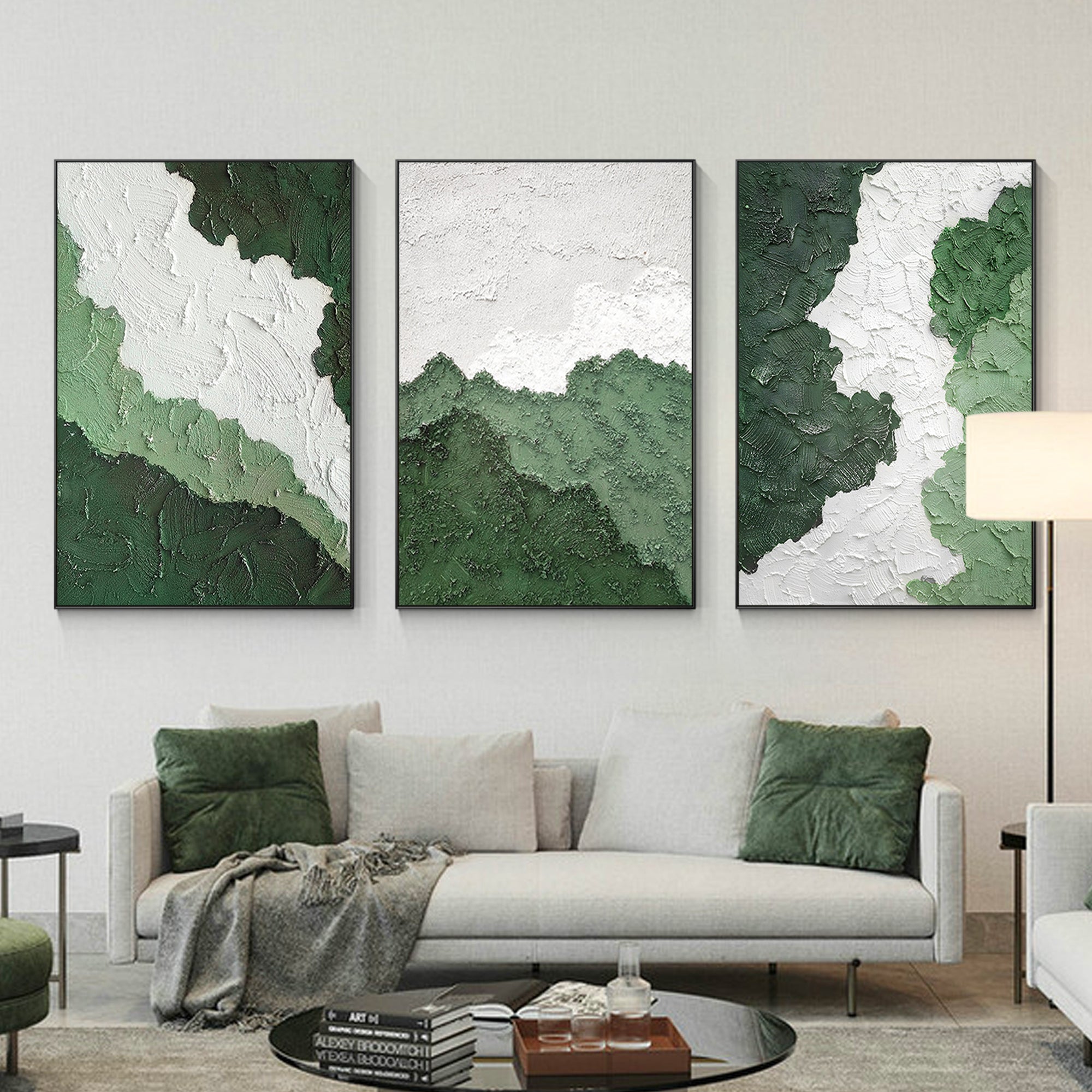 3-teiliges abstraktes Ölgemälde mit grüner Textur