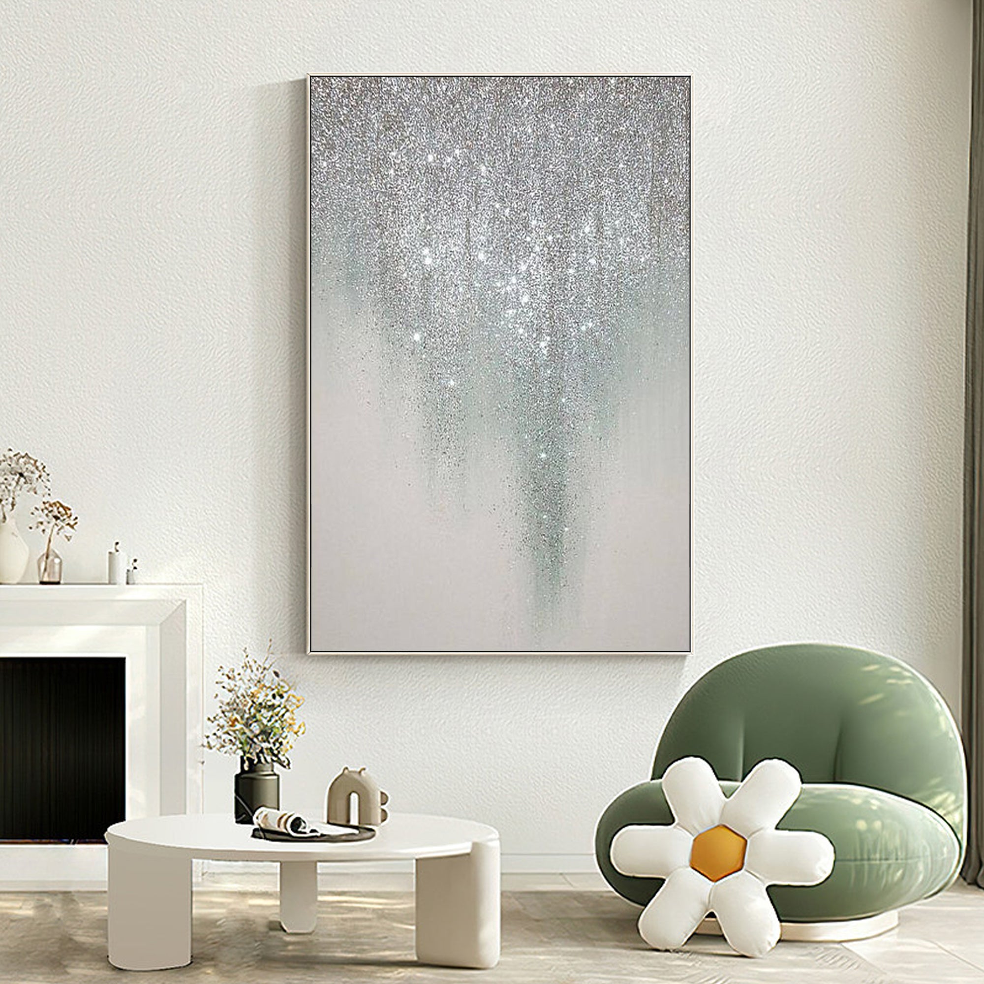 Modern Abstract Framed Painting Siliver gillters art