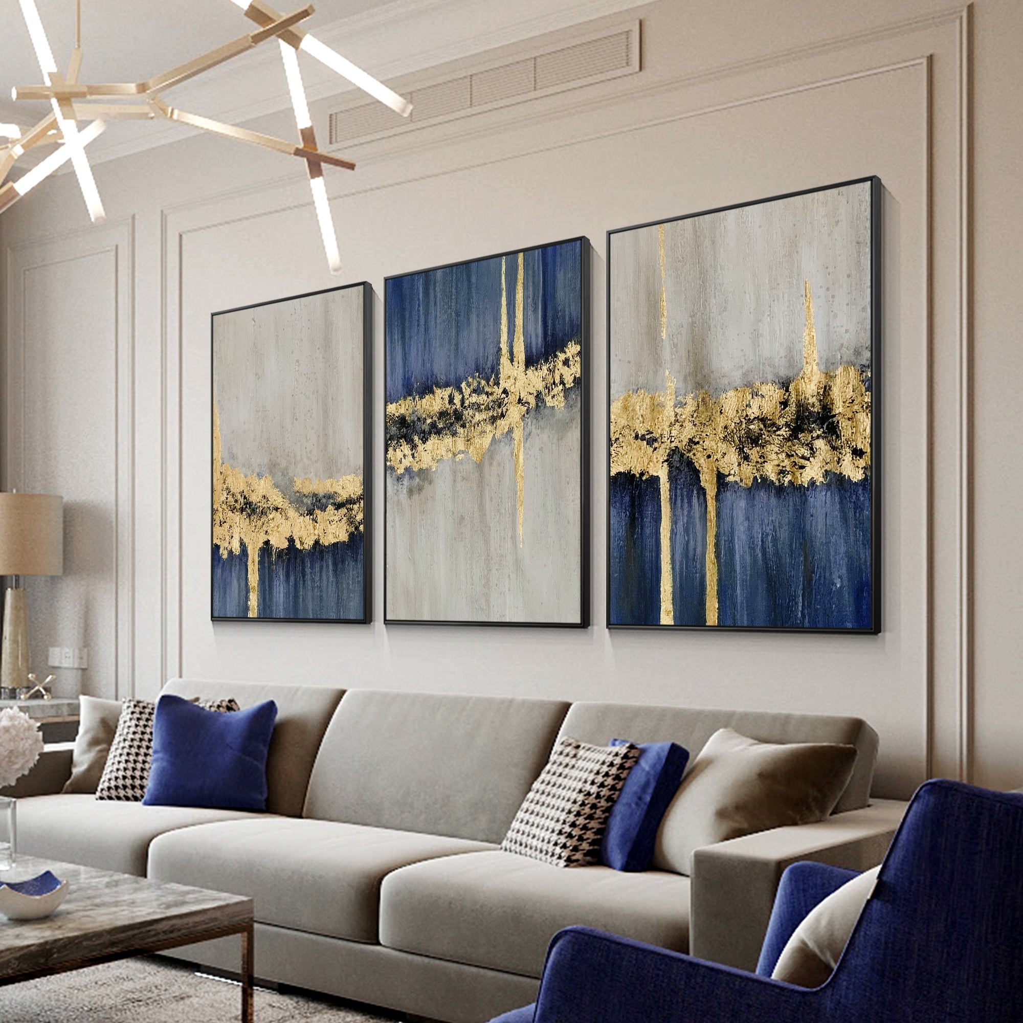 3 Stück Blau und Gold Moderne abstrakte Ölgemälde