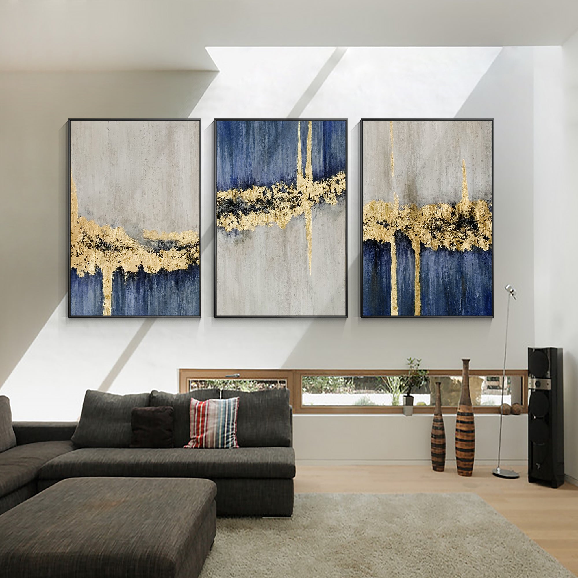 3 pieces Blue And Gold Modern Abstract Oil Painting