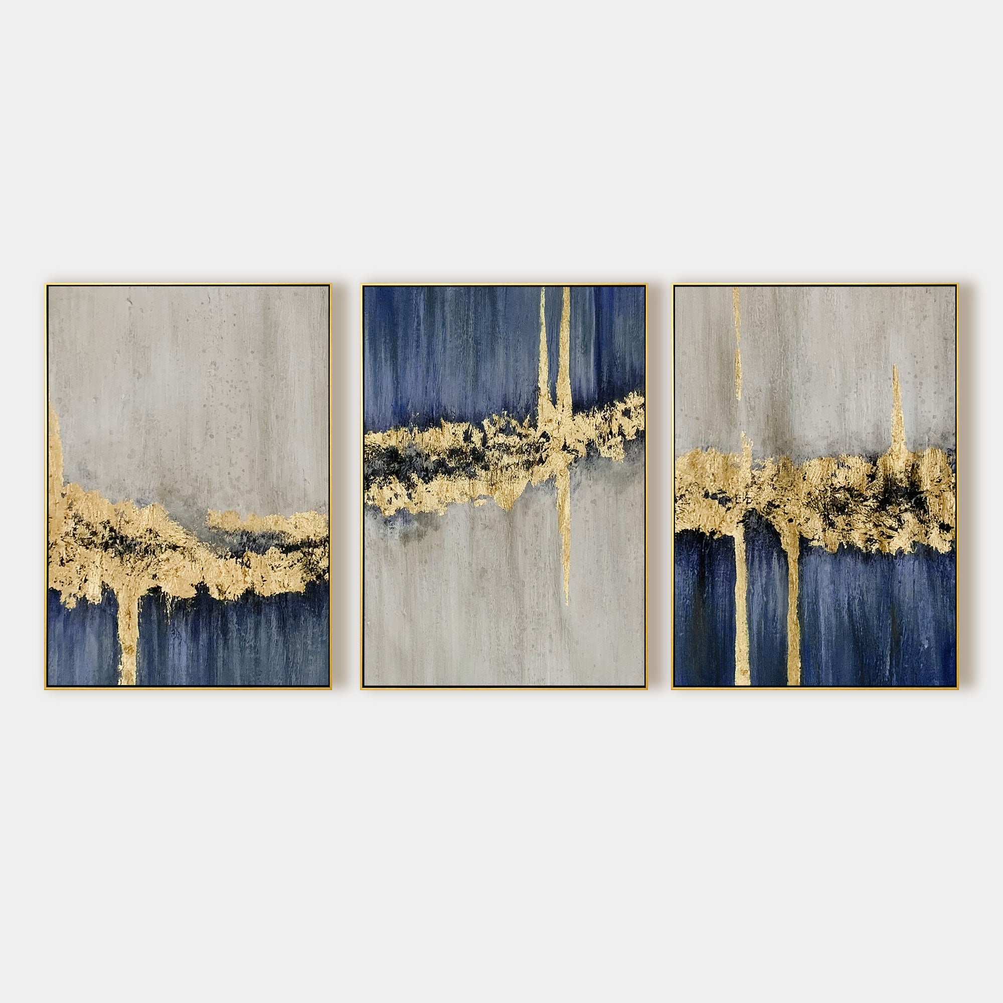 3 Stück Blau und Gold Moderne abstrakte Ölgemälde