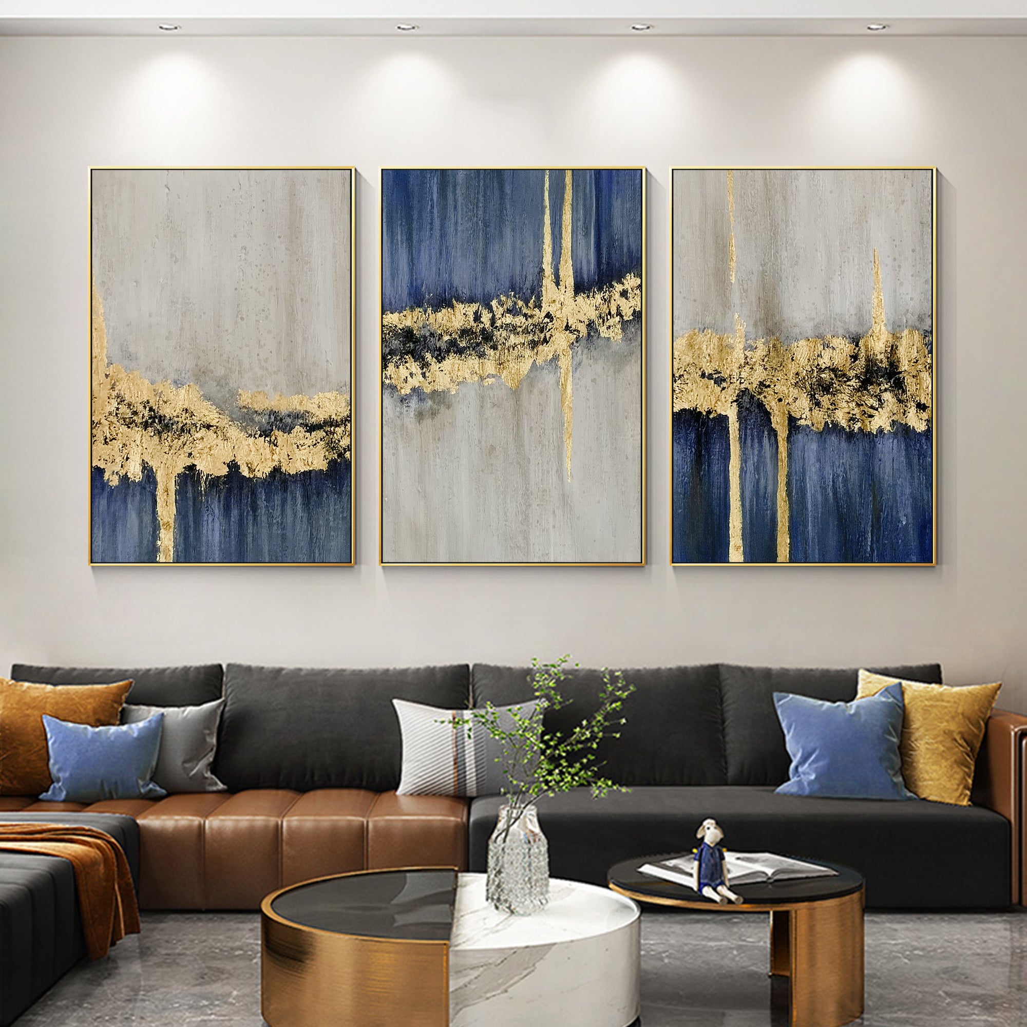 3 pieces Blue And Gold Modern Abstract Oil Painting