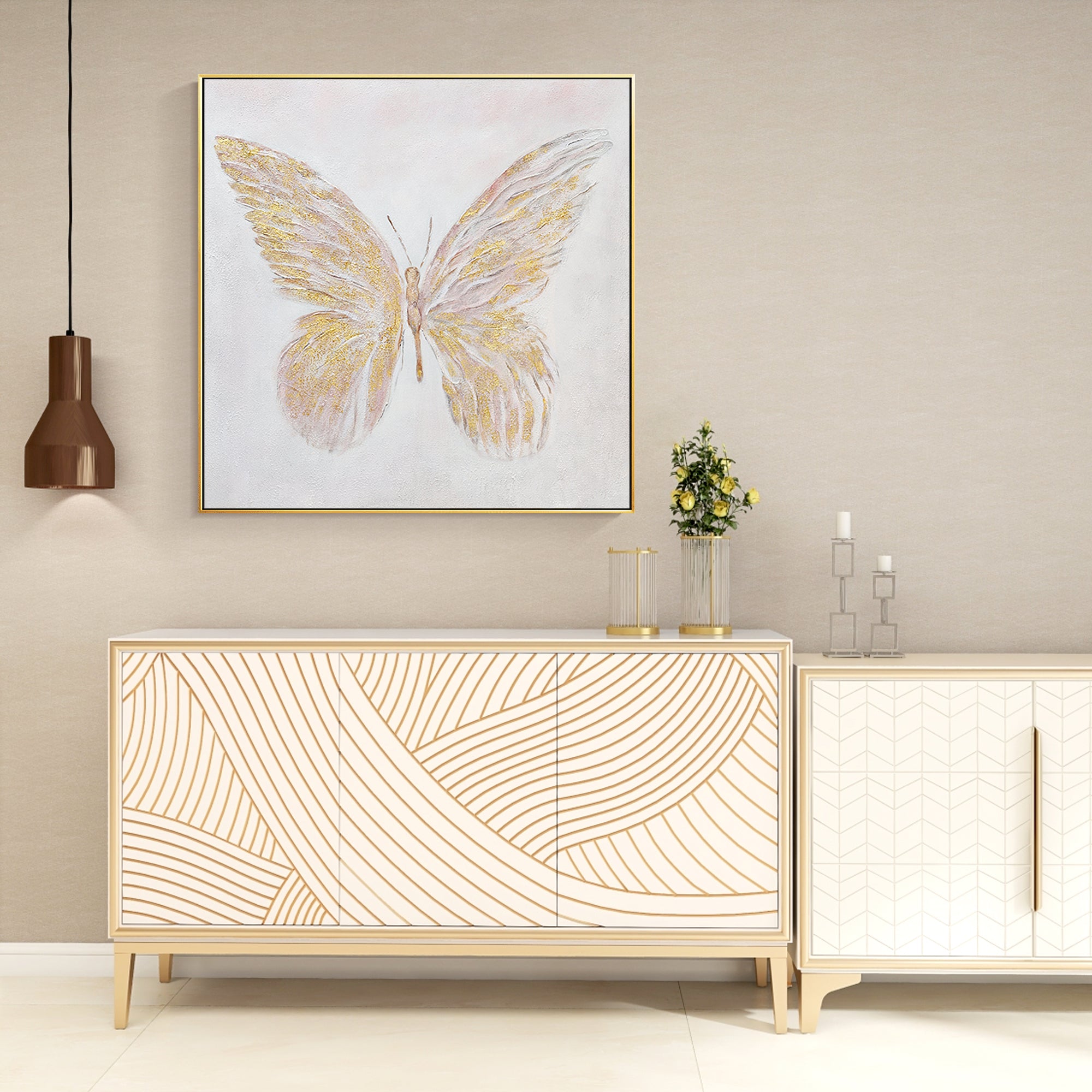 Modern Minimalist Golden Butterfly Oil Painting