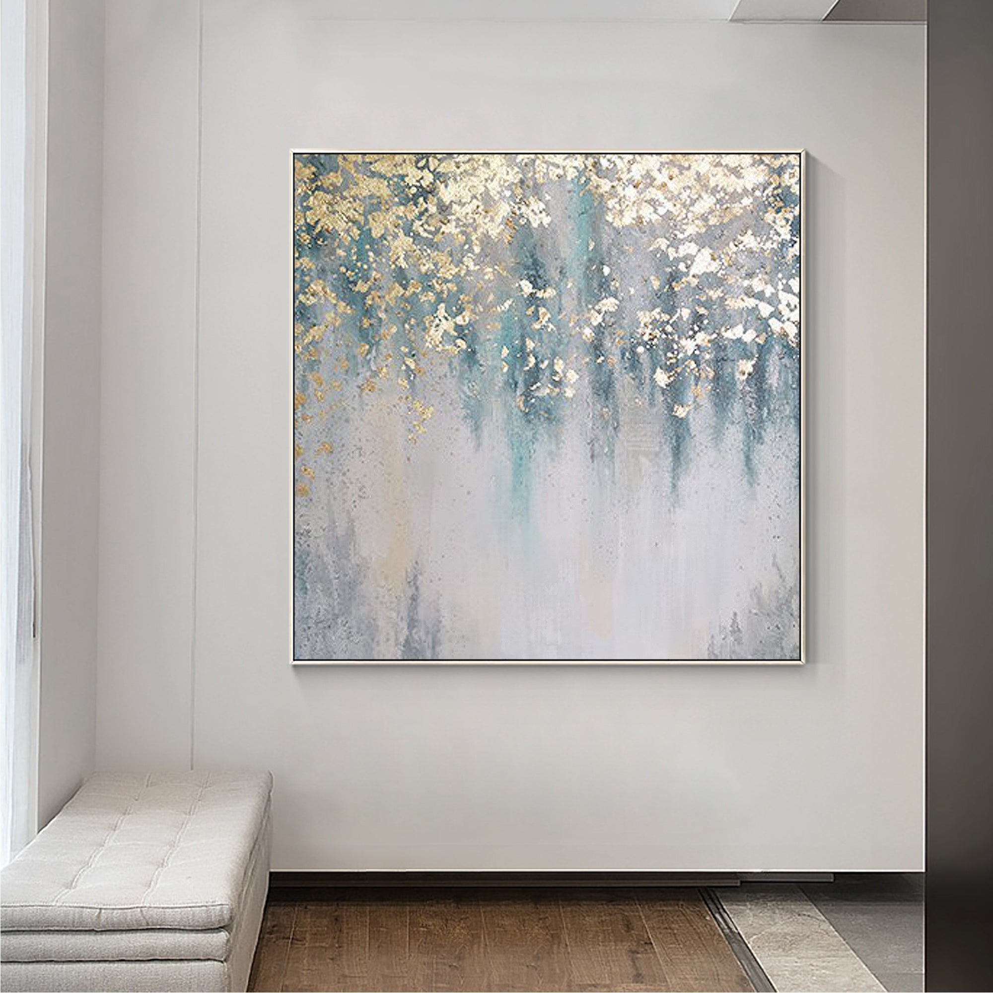 Modern Abstract Canvas Art with Metallic Gold Highlights and Deep Blue Shades