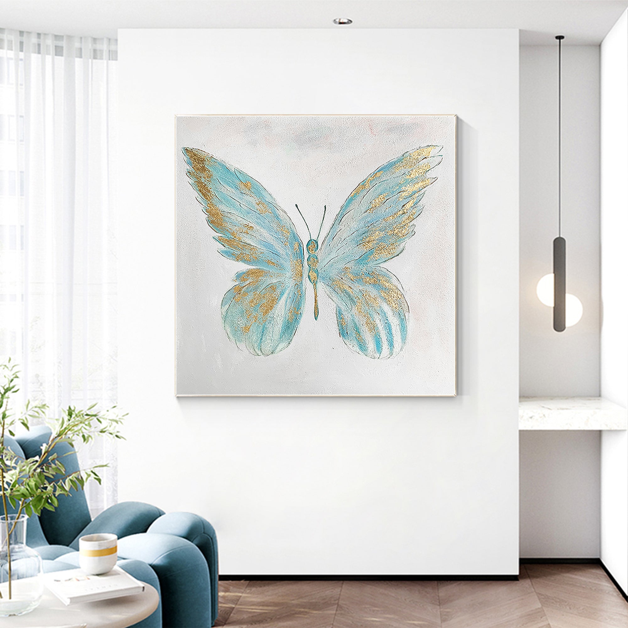 Modernes minimalistisches Ölgemälde mit goldenem Schmetterling