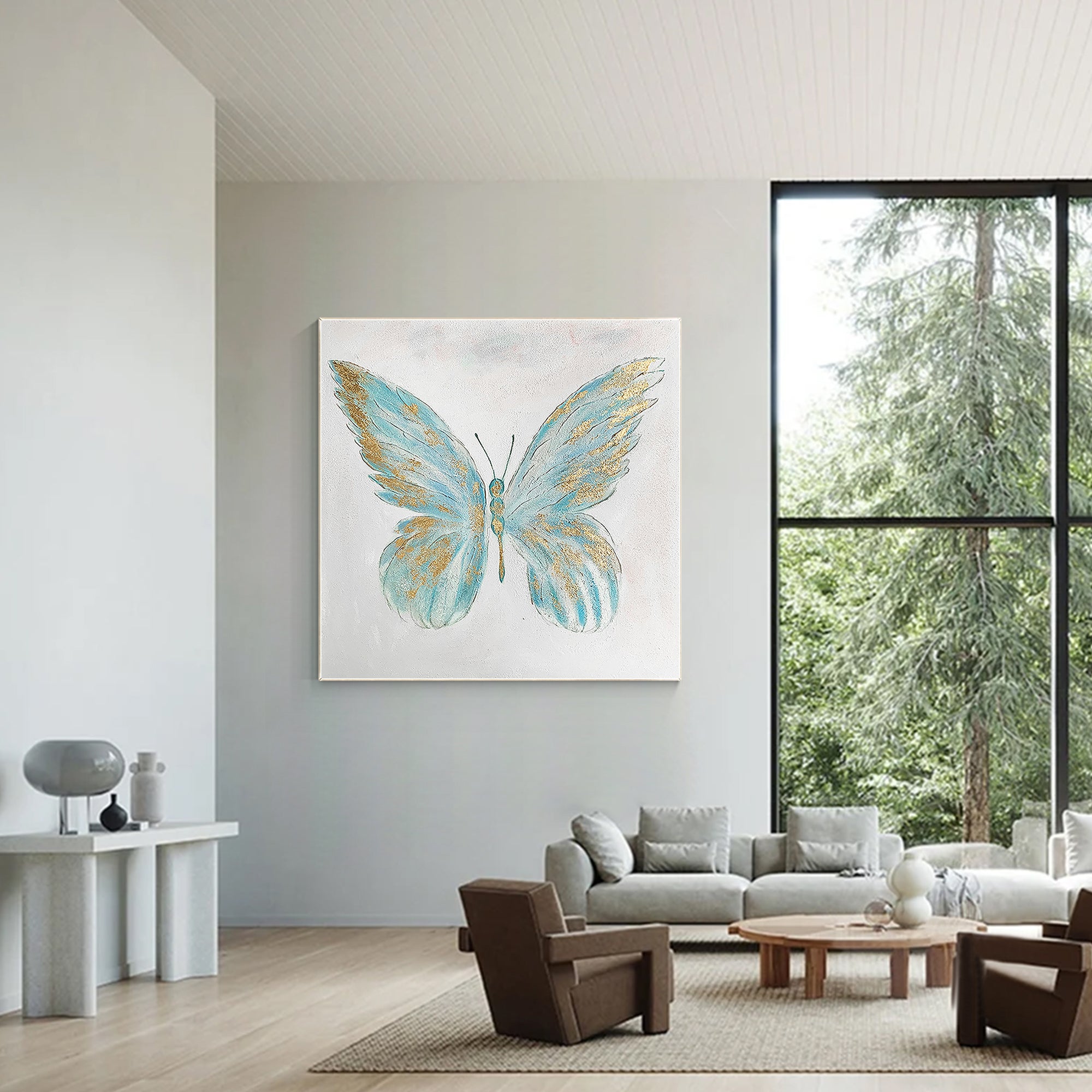 Modernes minimalistisches Ölgemälde mit goldenem Schmetterling