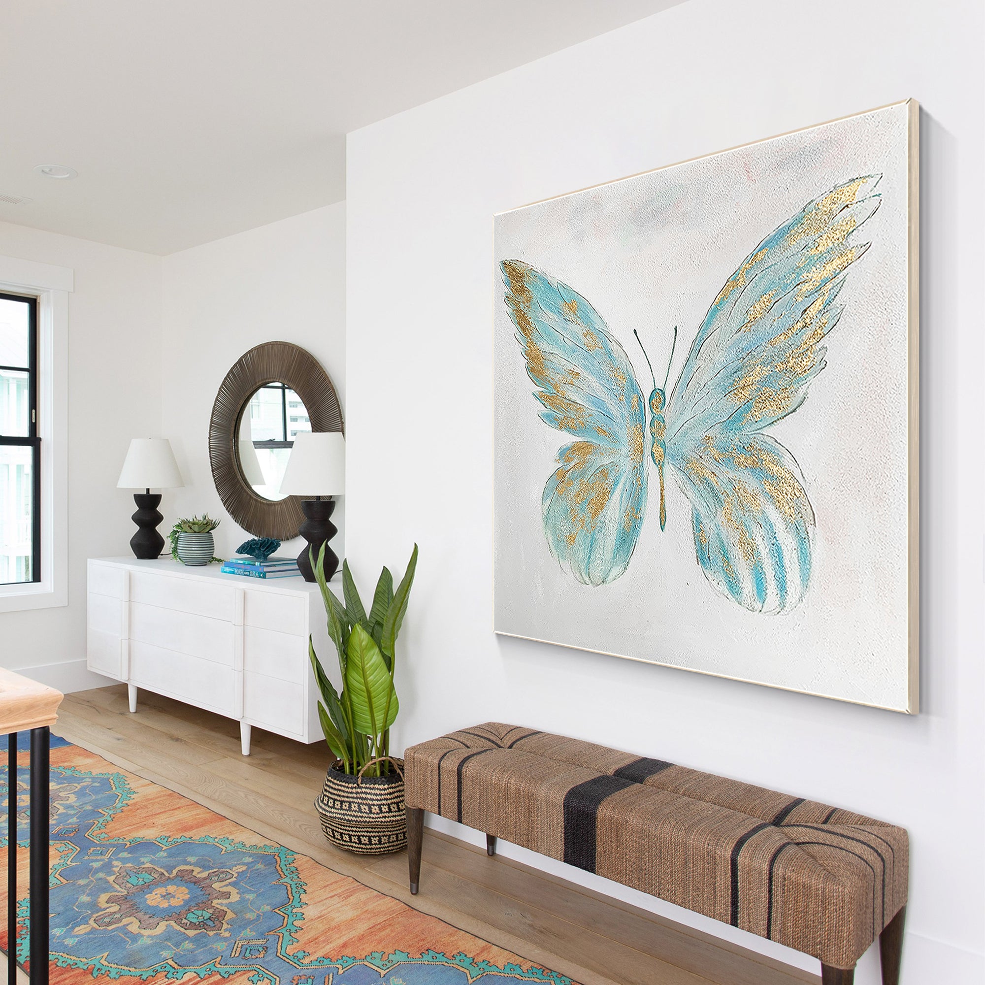 Modernes minimalistisches Ölgemälde mit goldenem Schmetterling