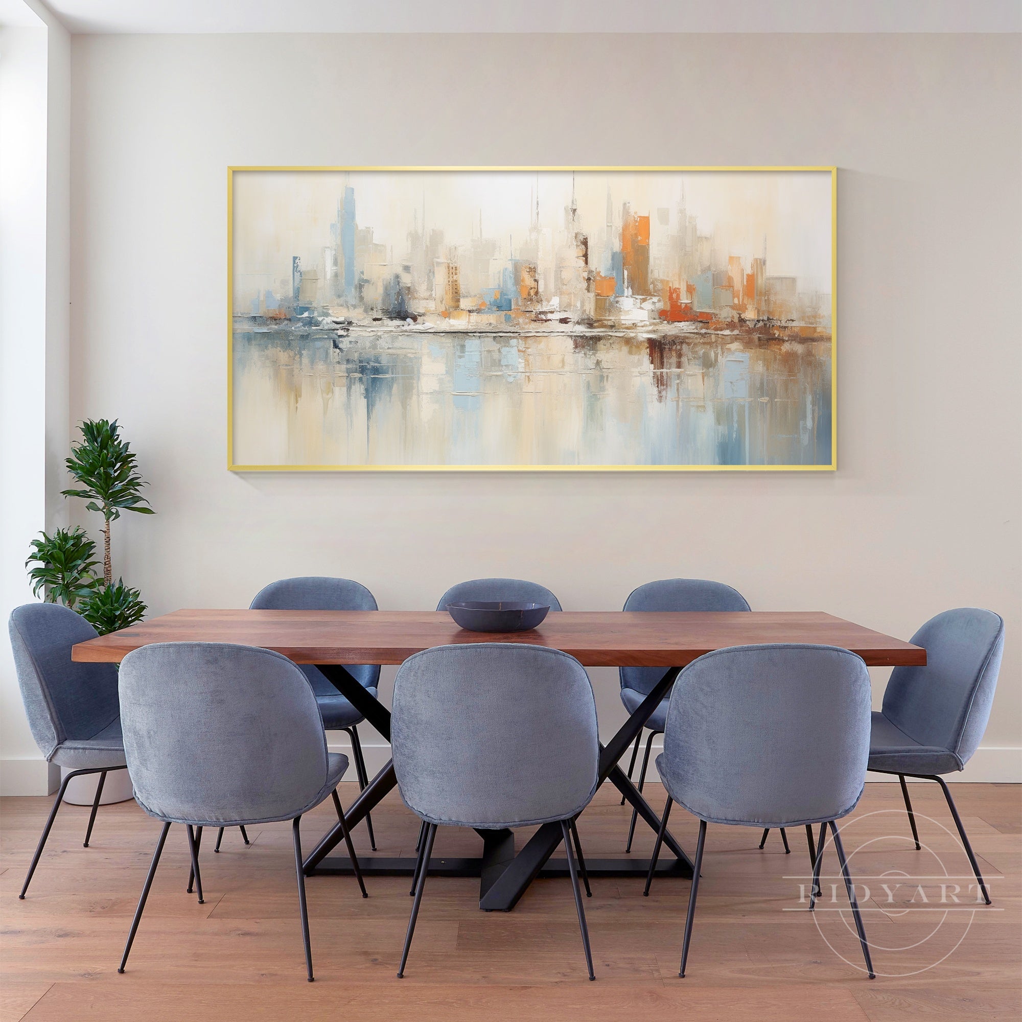Modern neutral city skyline painting for office or living room