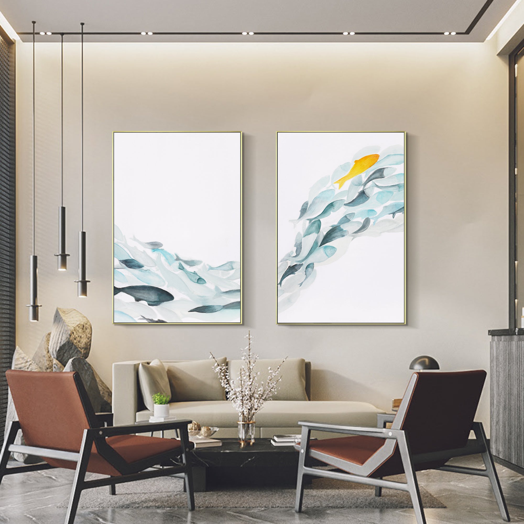 2er-Set, Ölgemälde „School of Fish“ auf Leinwand