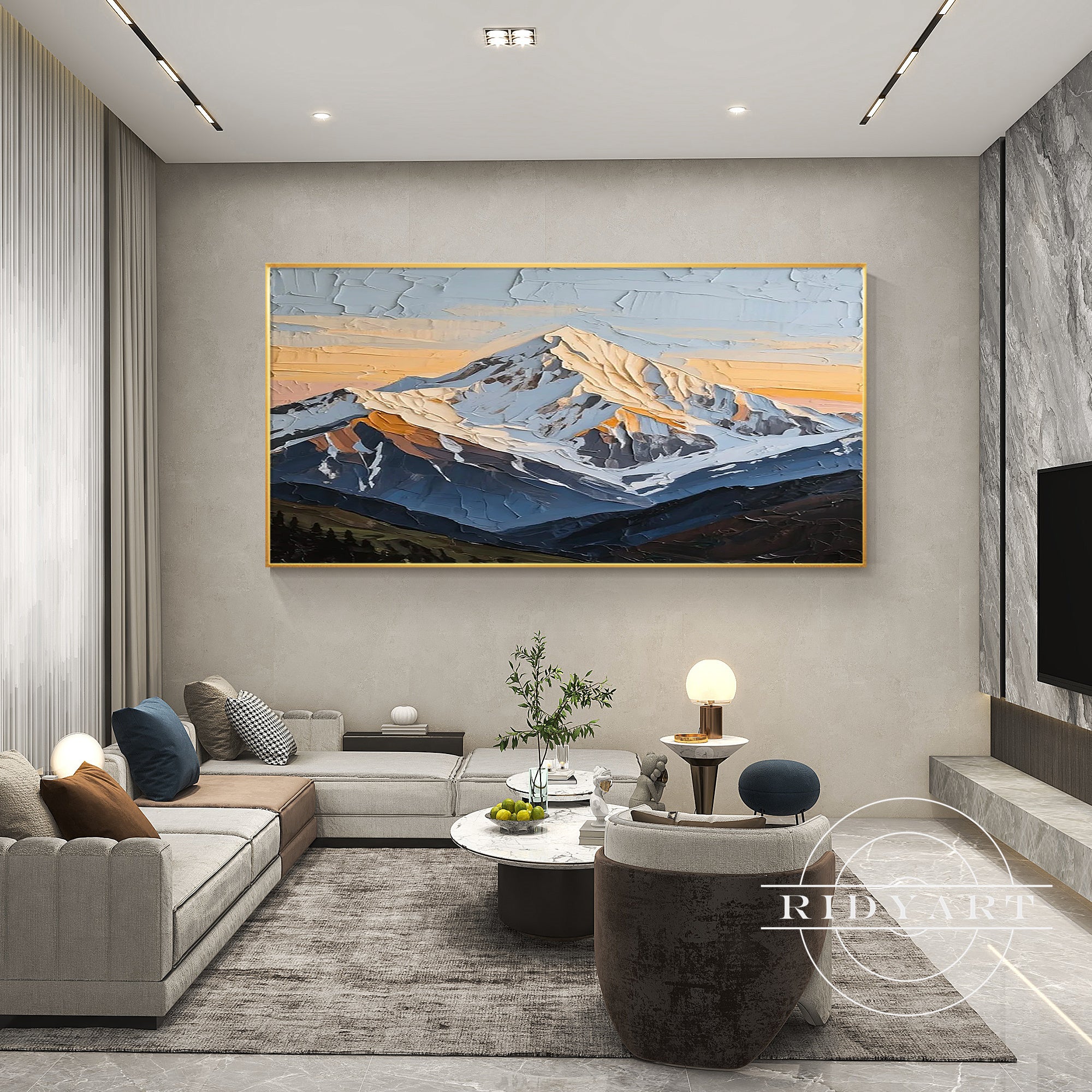 Wandkunst „Gold Mountain“ in Marineblau