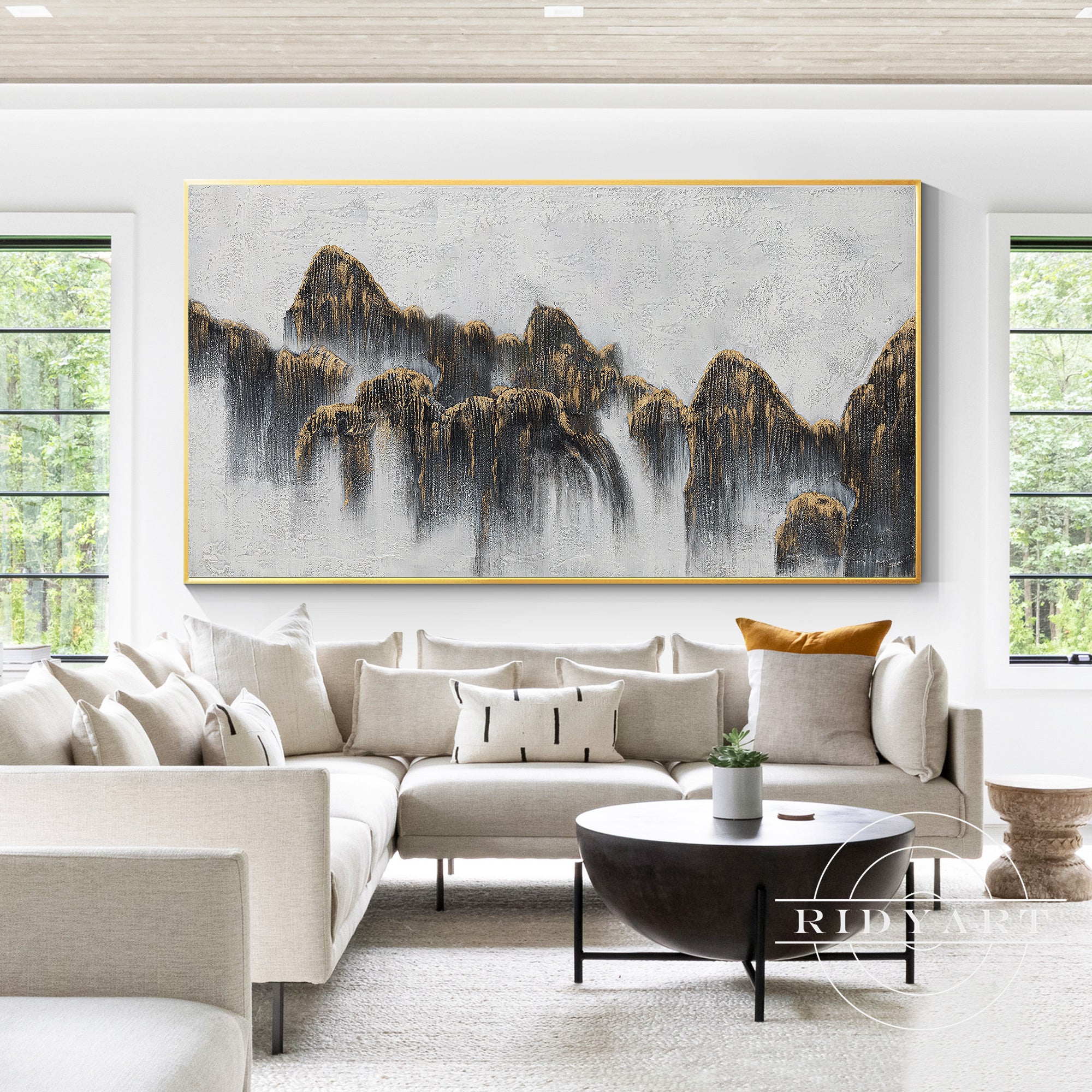 Wandkunst „Gold Mountain“ in Marineblau