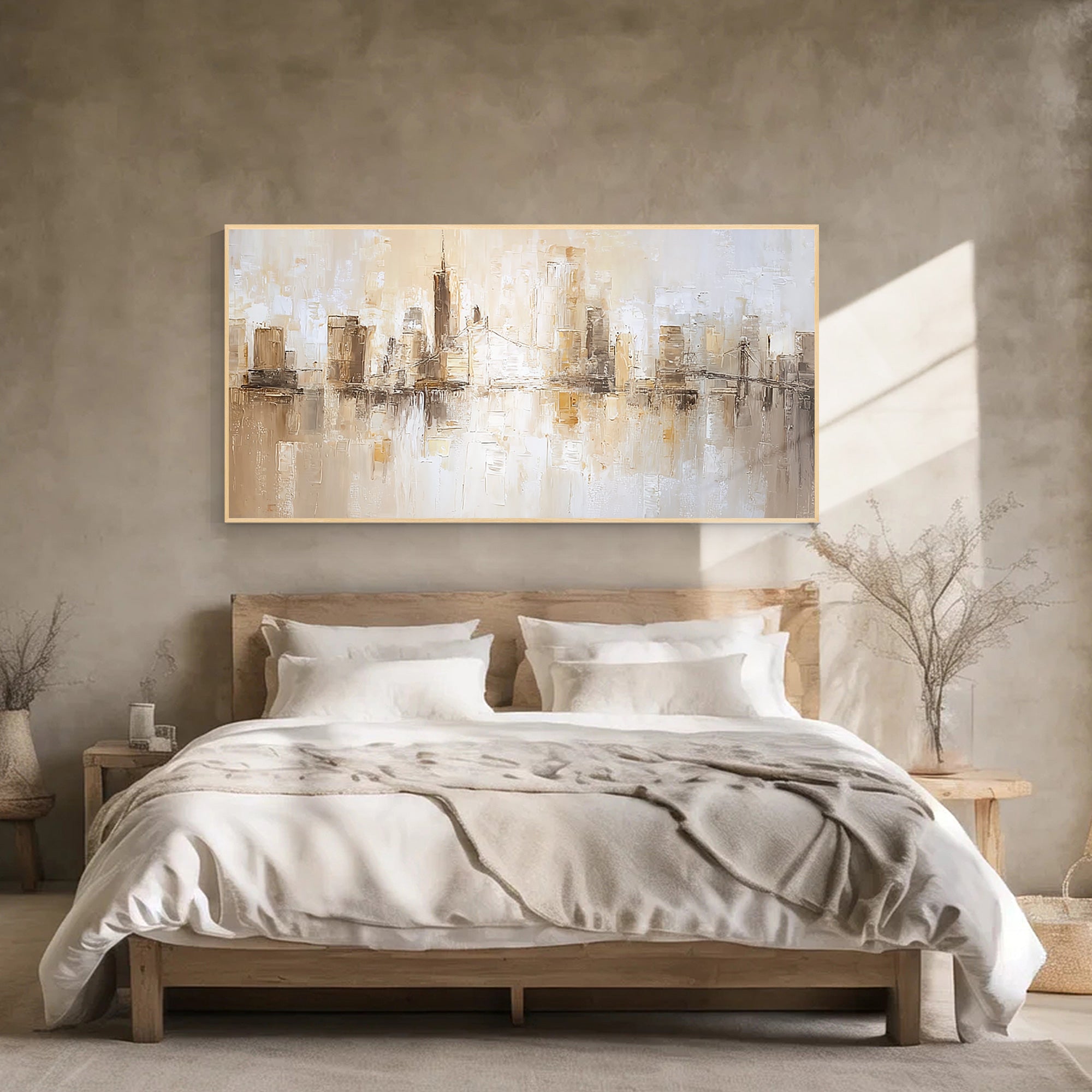 Large horizontal NYC skyline beige artwork