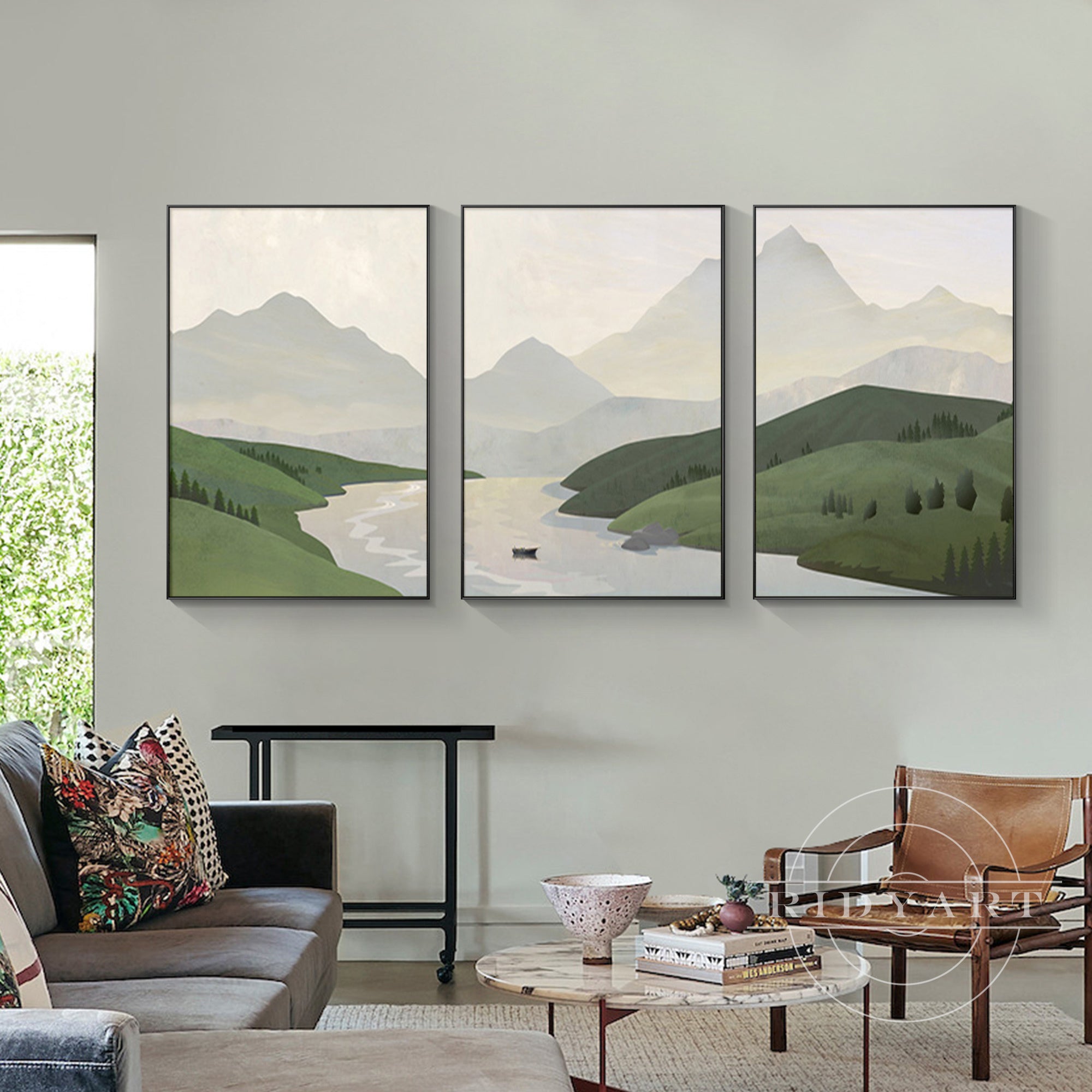 Set of 3 sage green mountains and stream for living room decor