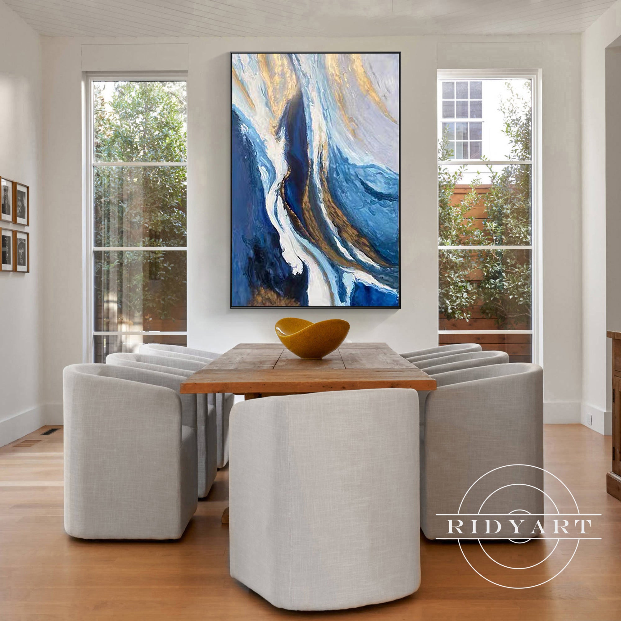 Navy Blue & Gold Abstract Ocean Painting
