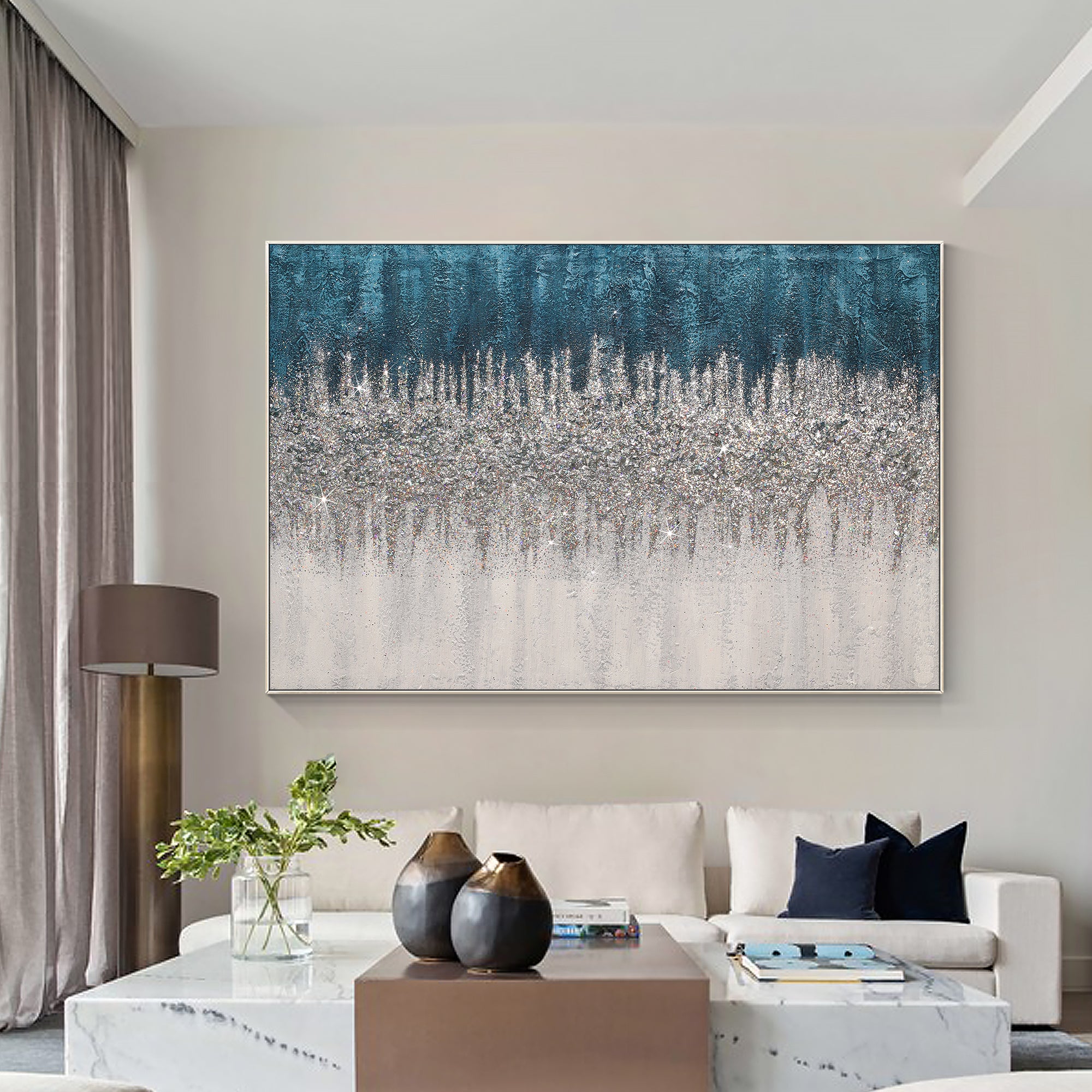 Original Abstract Blue Silver White Glitter Frame Wall Art