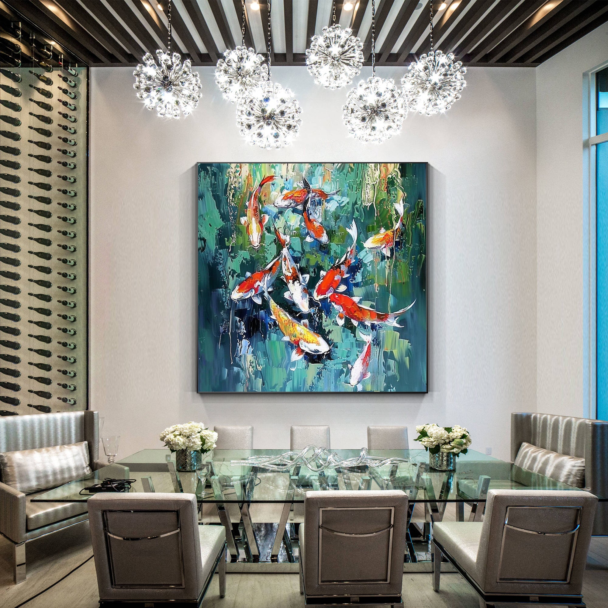 Original square koi fish painting in green tones, Feng Shui-inspired framed wall art for large living room decor or modern interiors.
