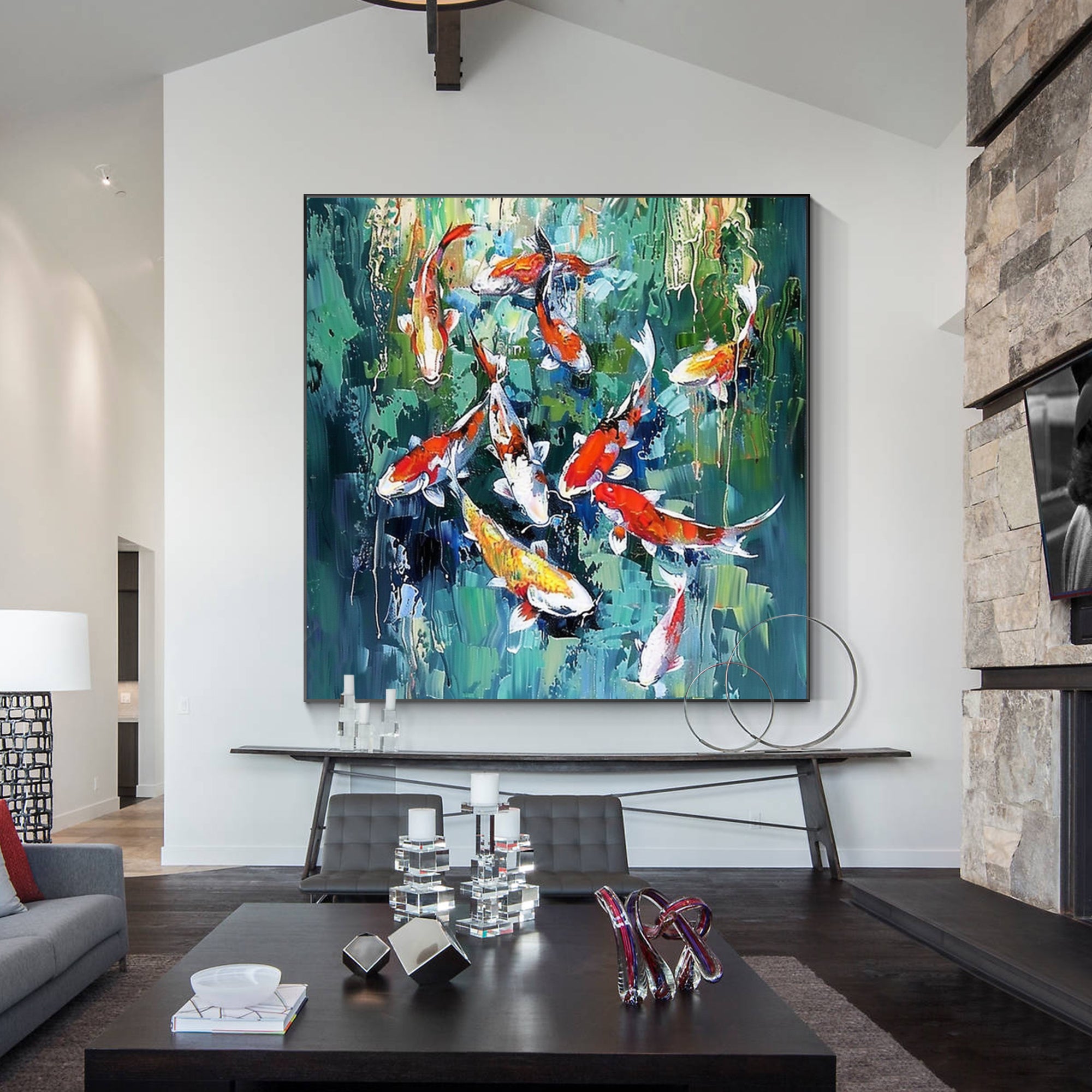 Original square koi fish painting in green tones, Feng Shui-inspired framed wall art for large living room decor or modern interiors.